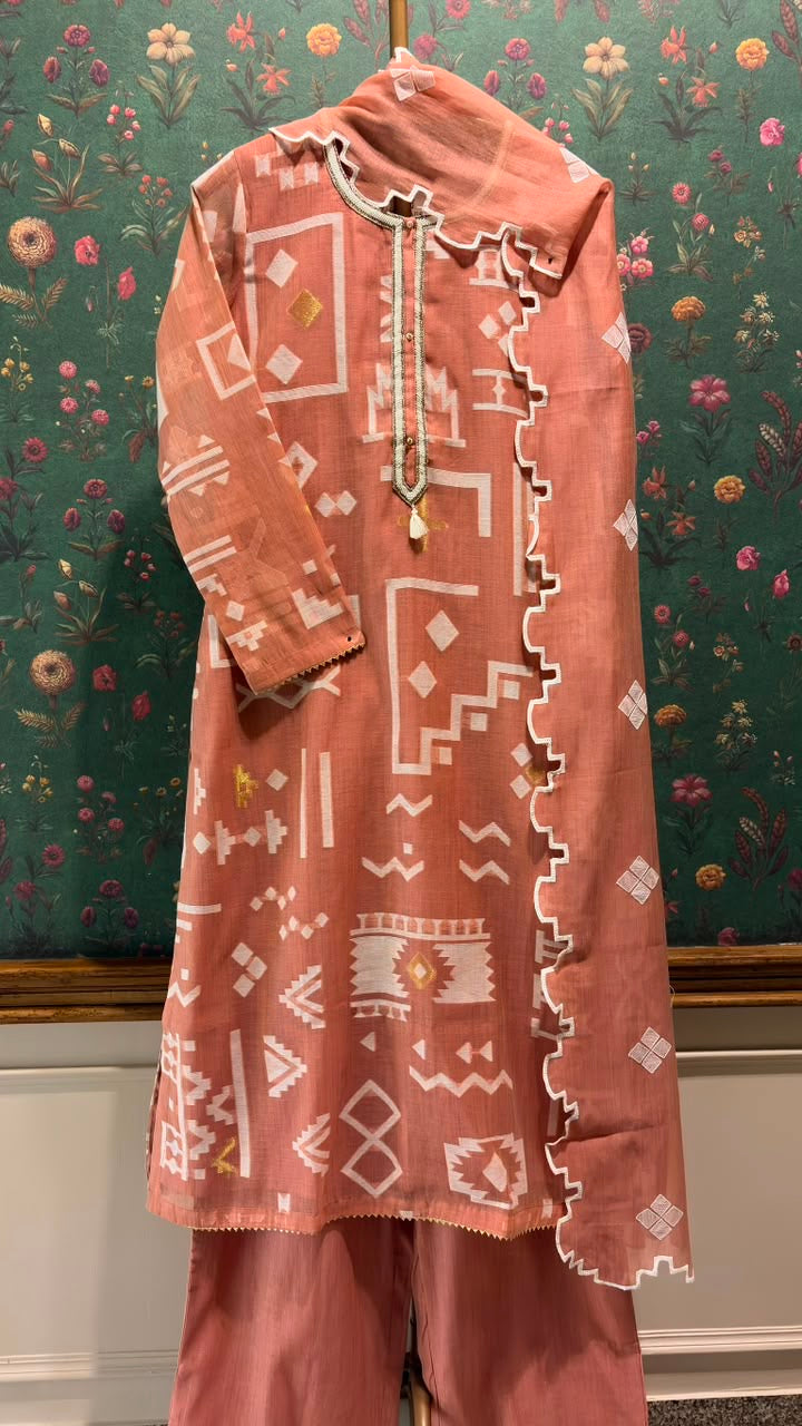 Coral Ikat-Inspired Chanderi Suit Set