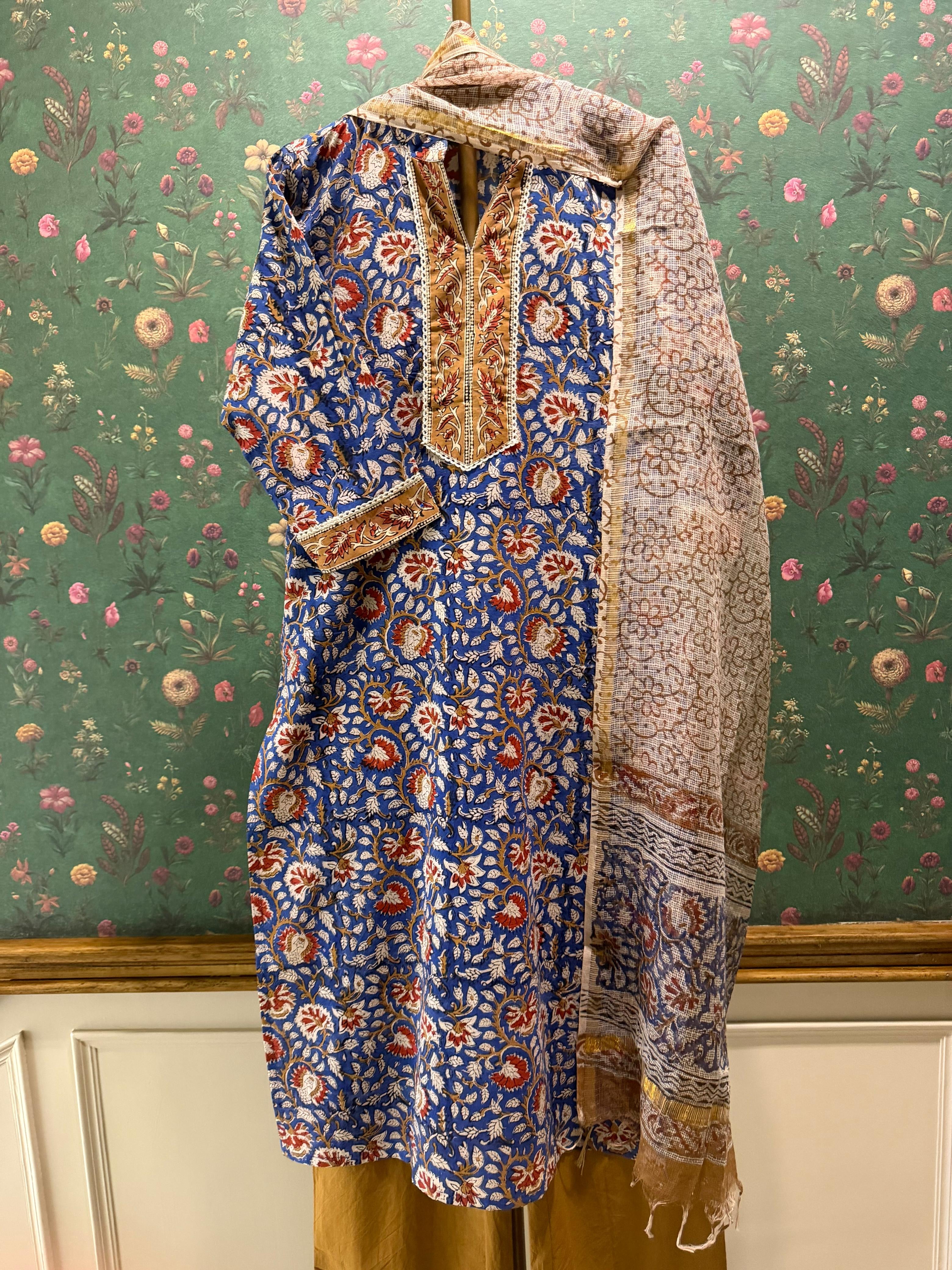 Royal Blue Floral Printed Cotton Suit Set, with Kota Doria Dupatta | HER-751