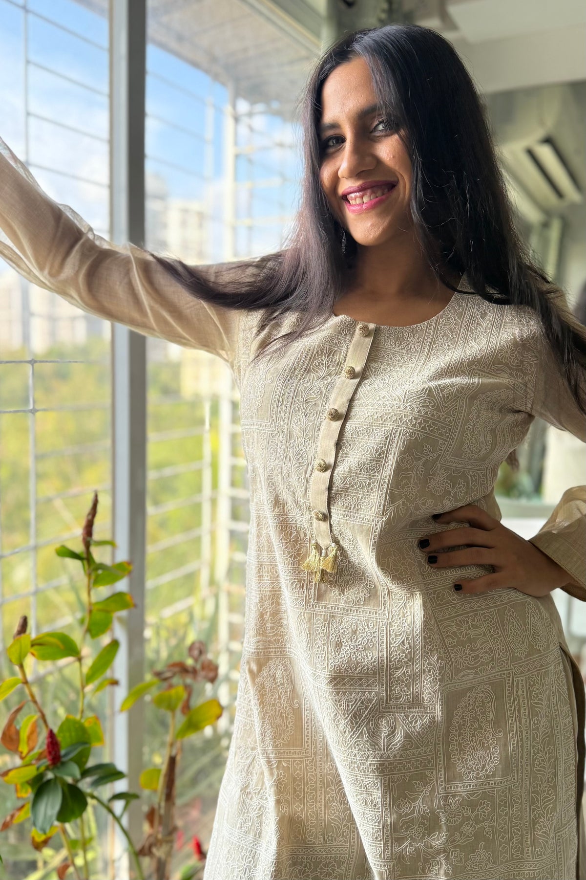 Warm Ivory Gulbahar Chanderi Suit Set