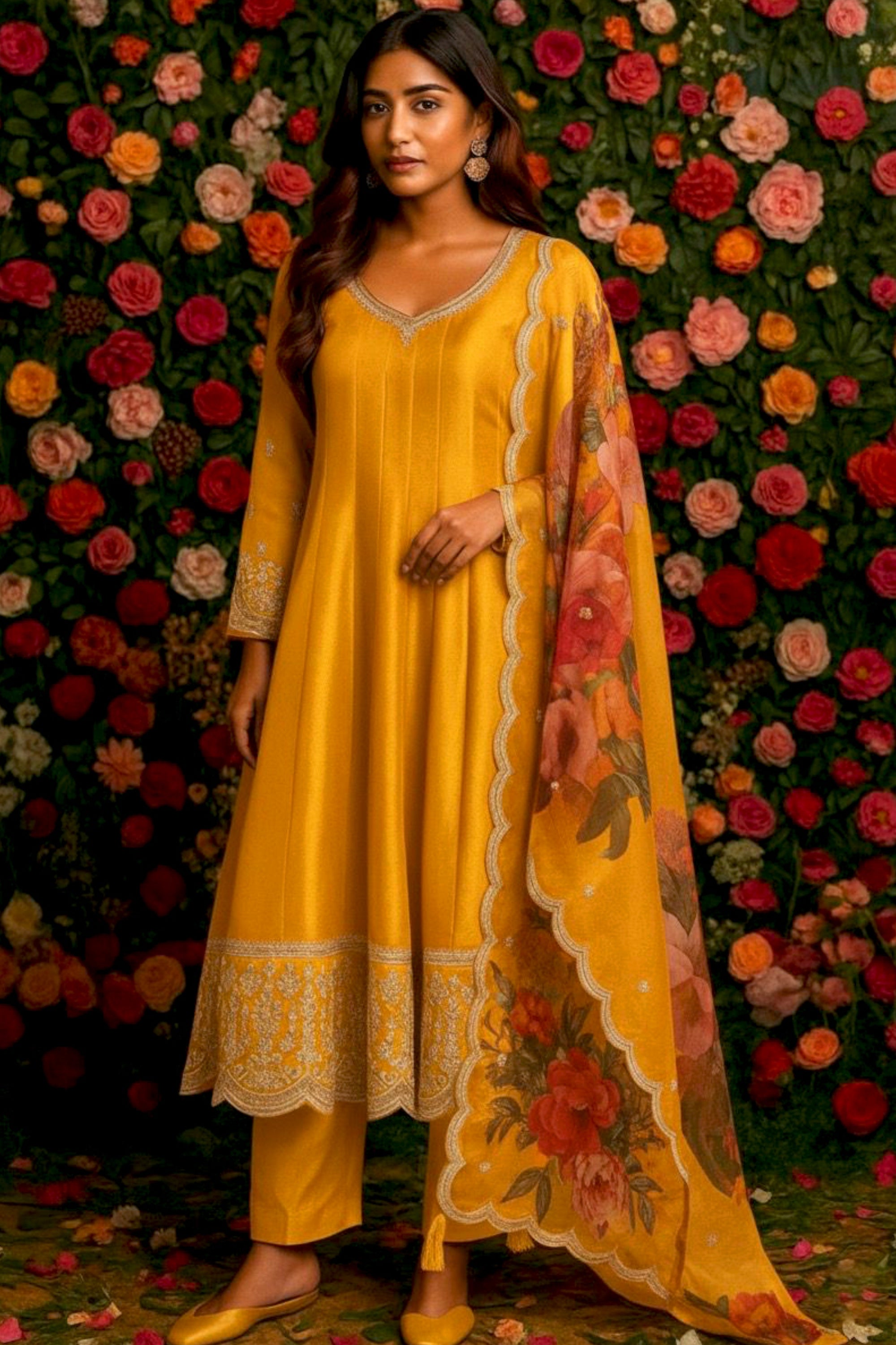 Ruhani Yellow Satin Silk Suit Set with Golden Embroidery & Floral Organza Dupatta | HER-560