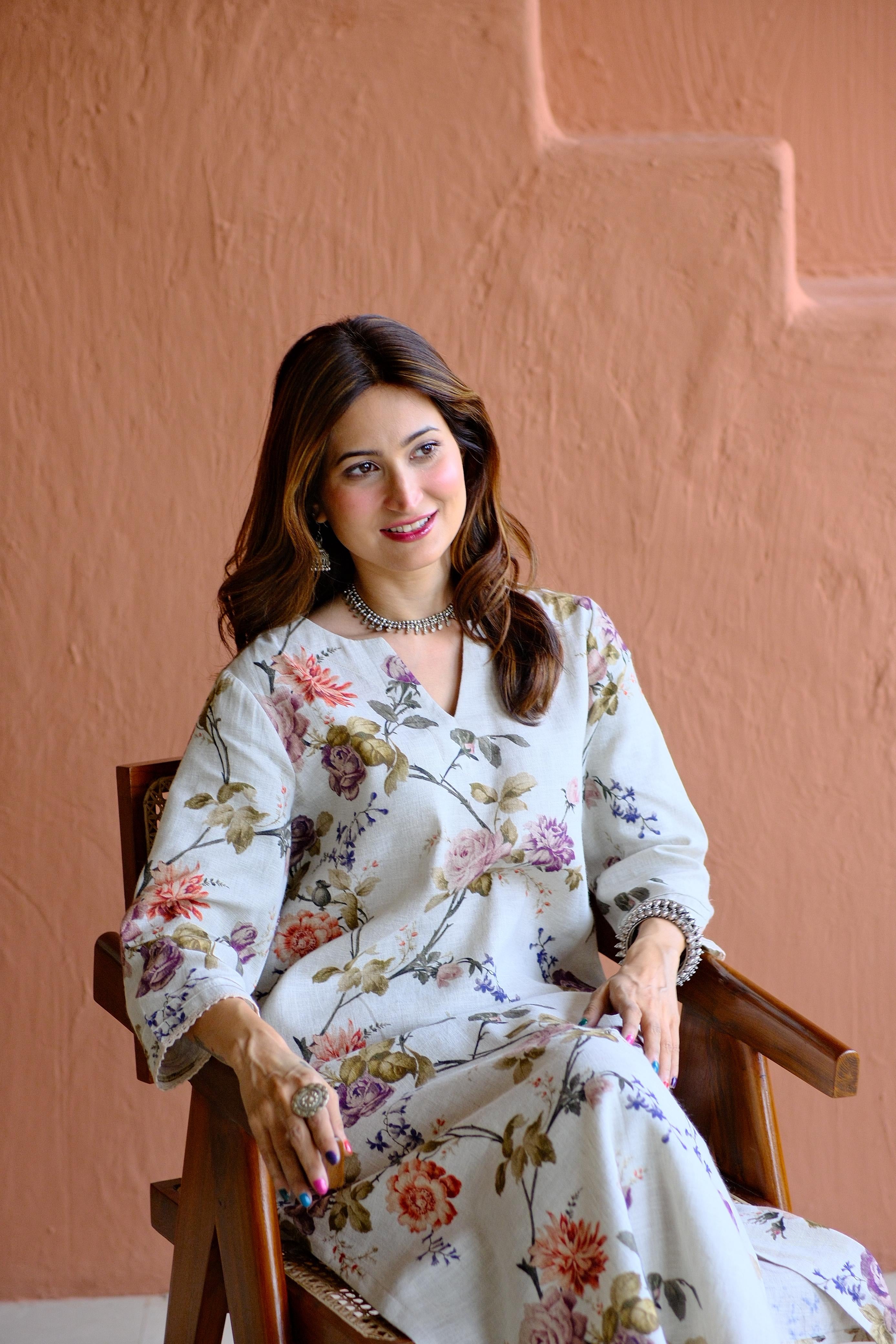 Rosalie Bloom Pure Linen Co-ord/Kurta Set | HER-465