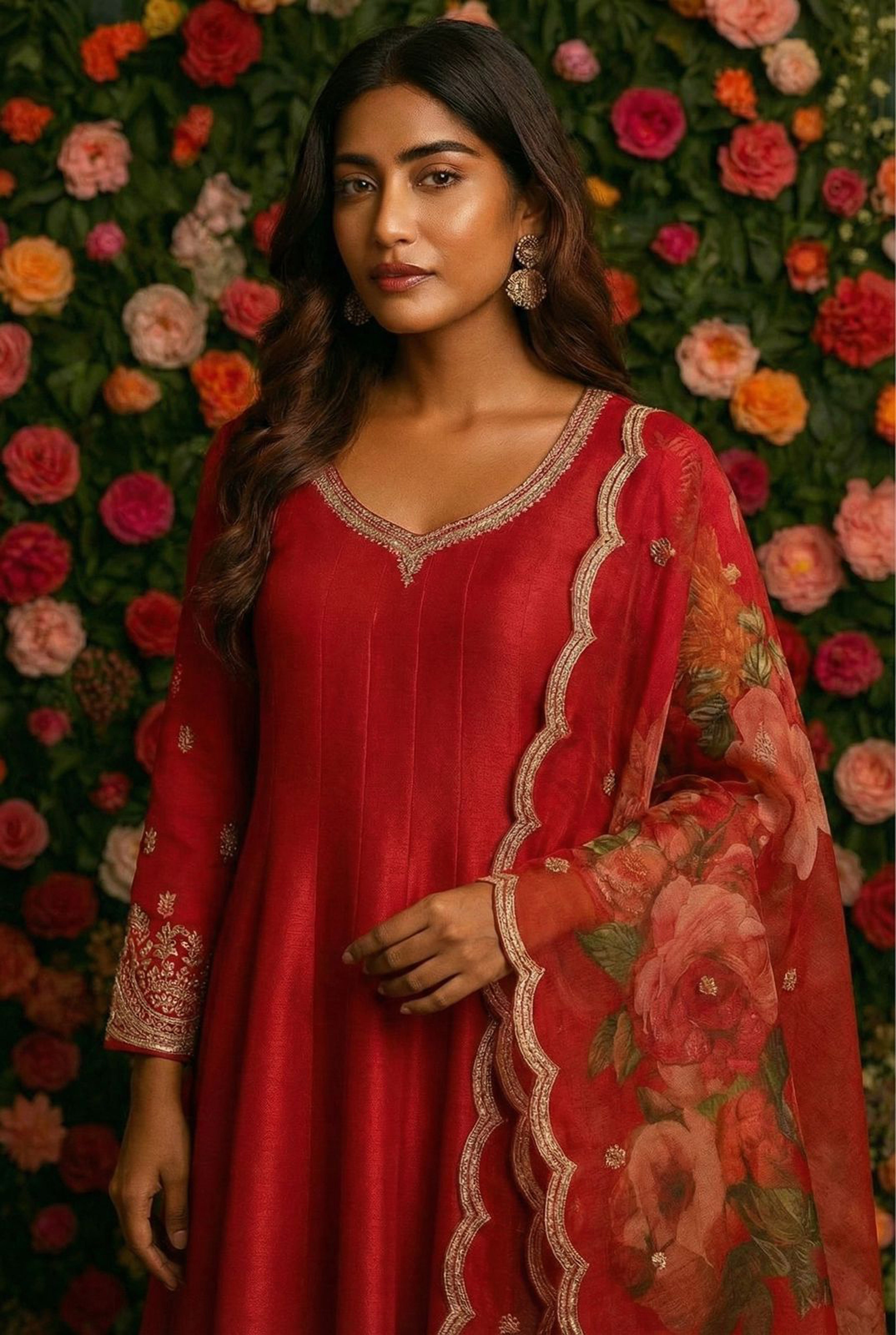 Ruhani Fuchsia Pink Satin Silk Suit Set with Golden Embroidery & Floral Organza Dupatta | HER-560