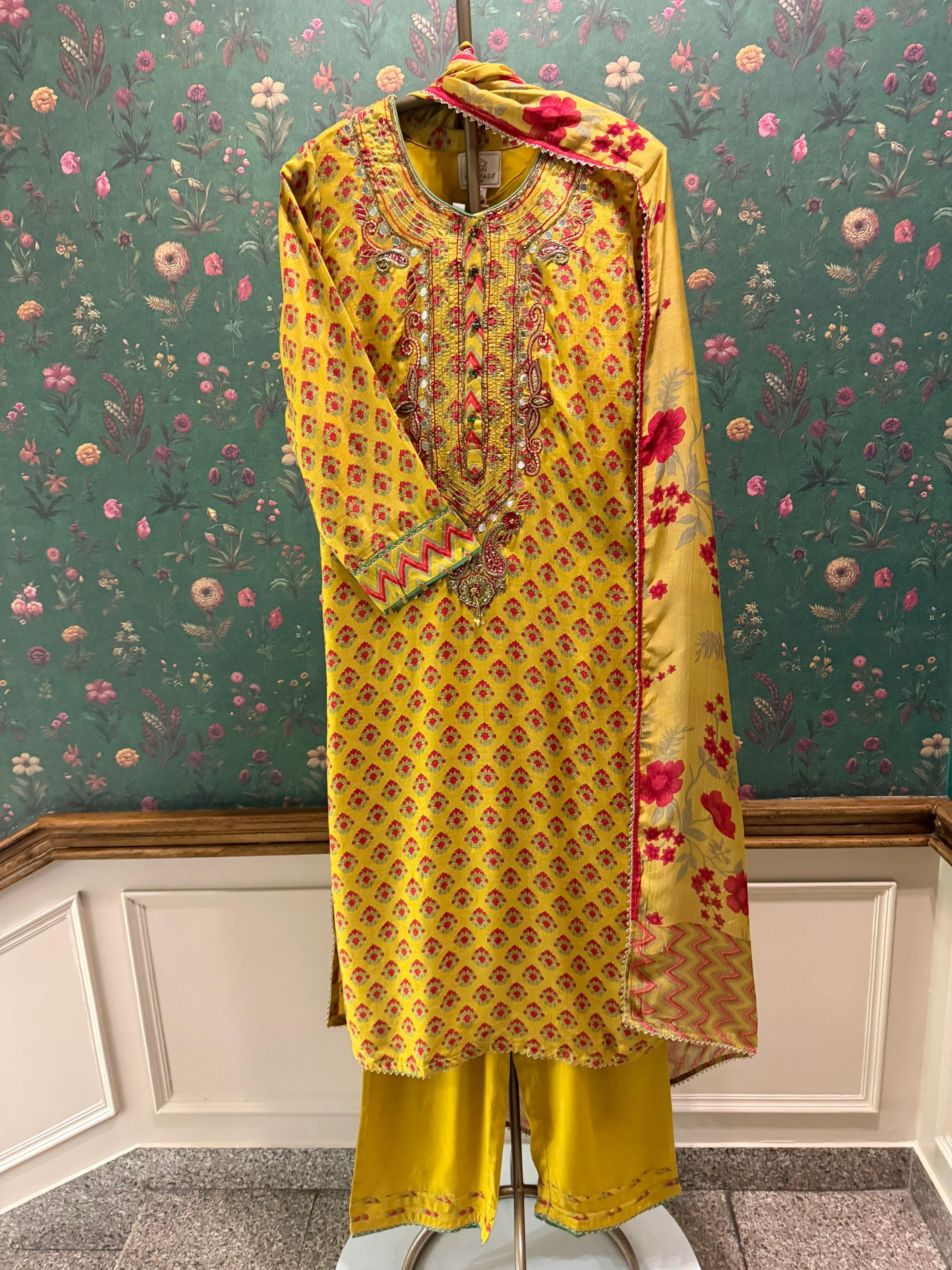Sunshine Yellow Floral Chanderi Silk Suit Set | HER-636