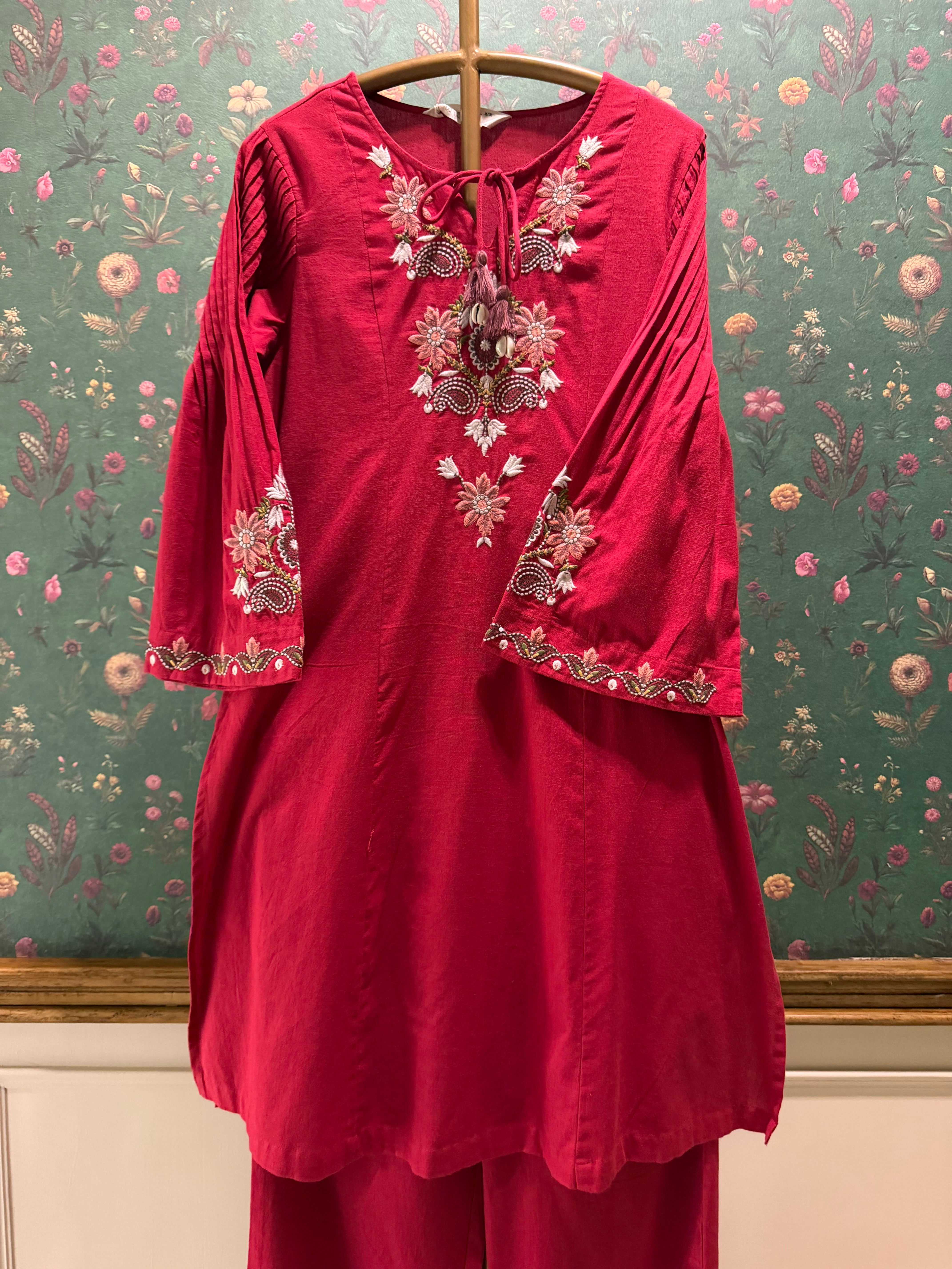 Raspberry Red Embroidered A-Line Kurta Set | HER-723