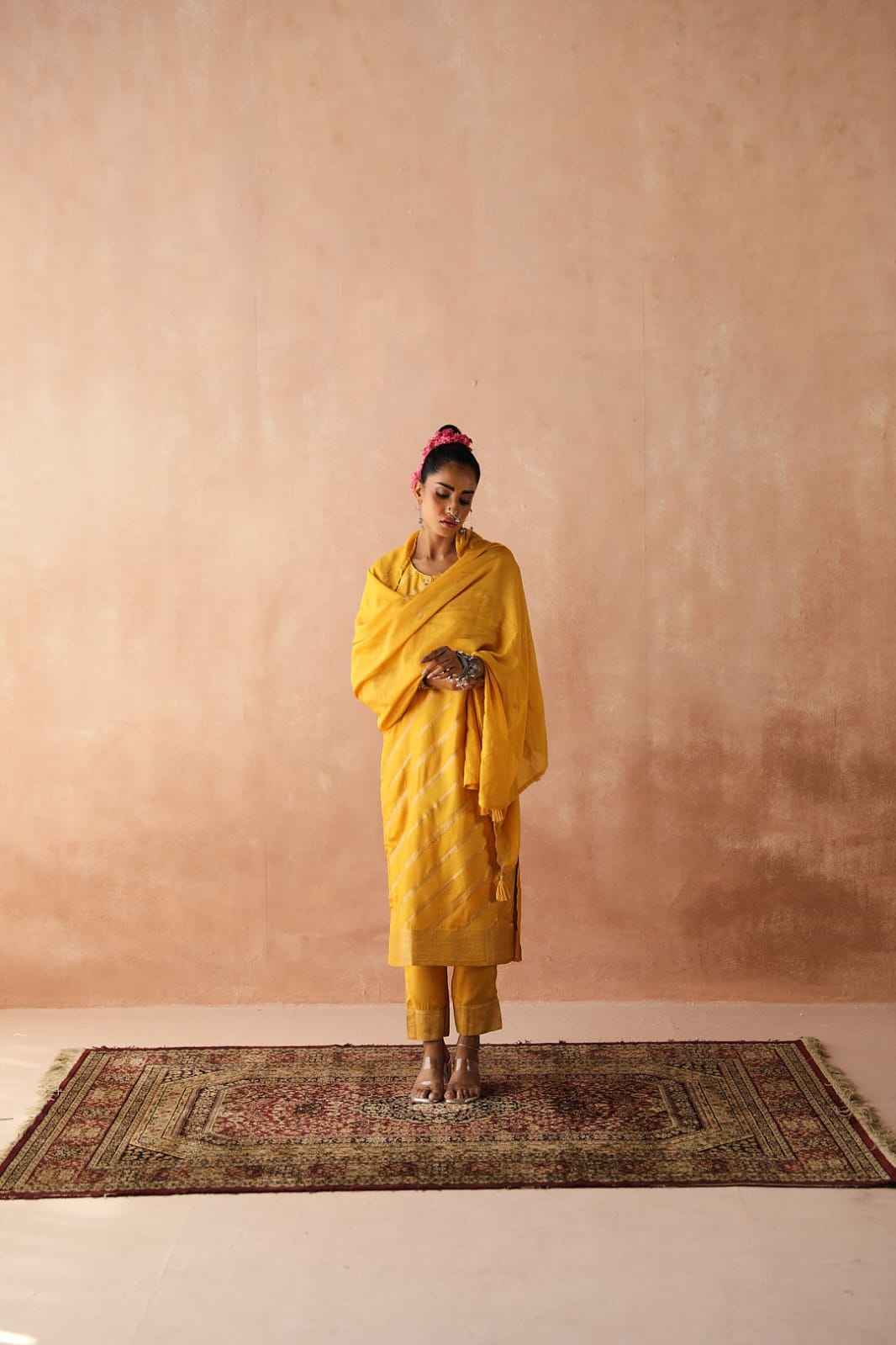 Yellow Zari Weaved Jacquard Suit Set