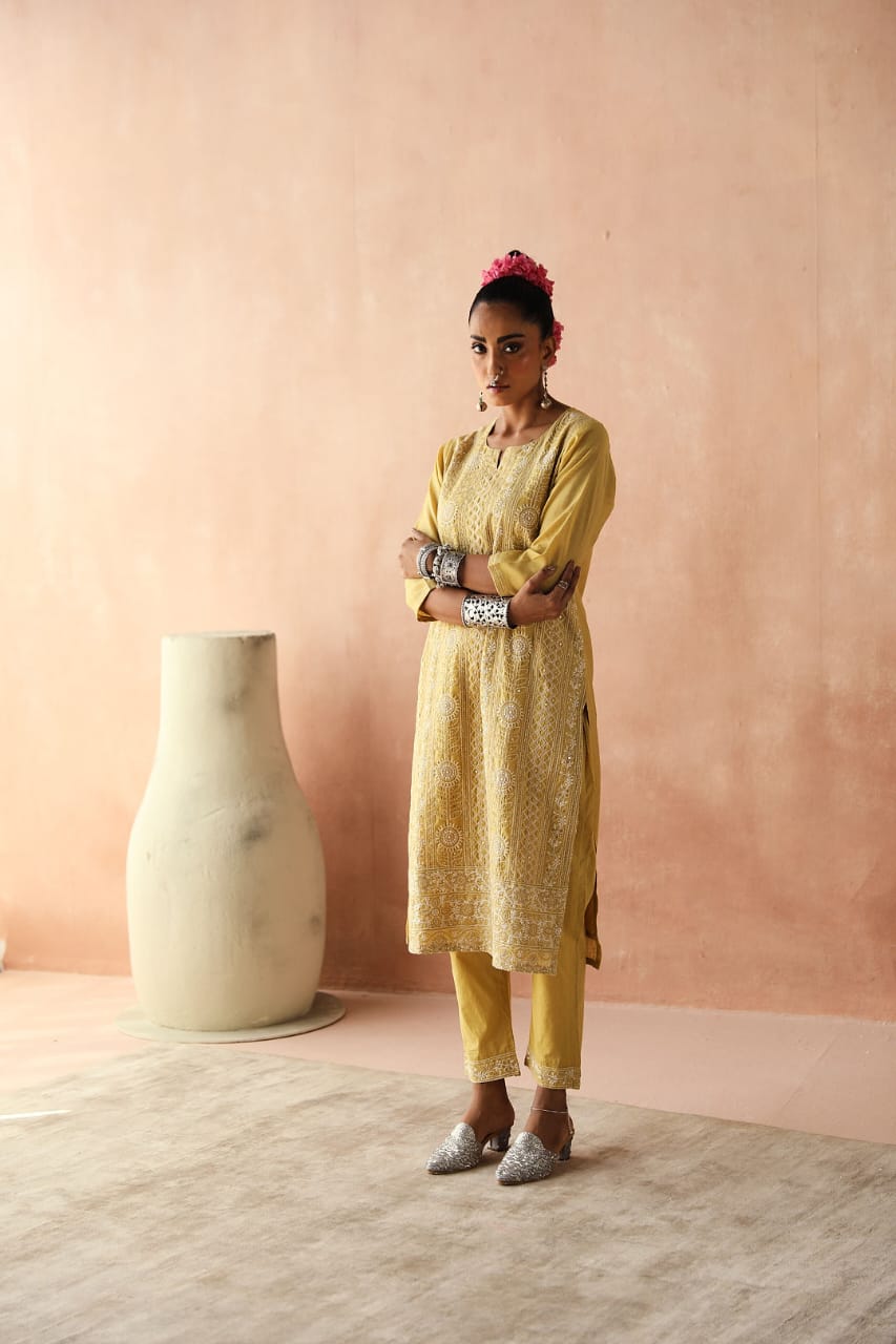 Yellow Chikankari Kurta/Co-ord Set | HER-258