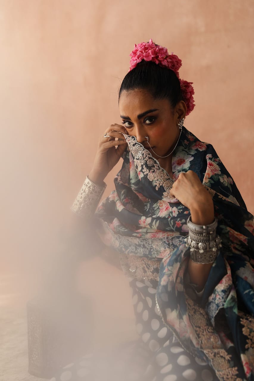 Blue Polka Chanderi Kurta Set | HER-253