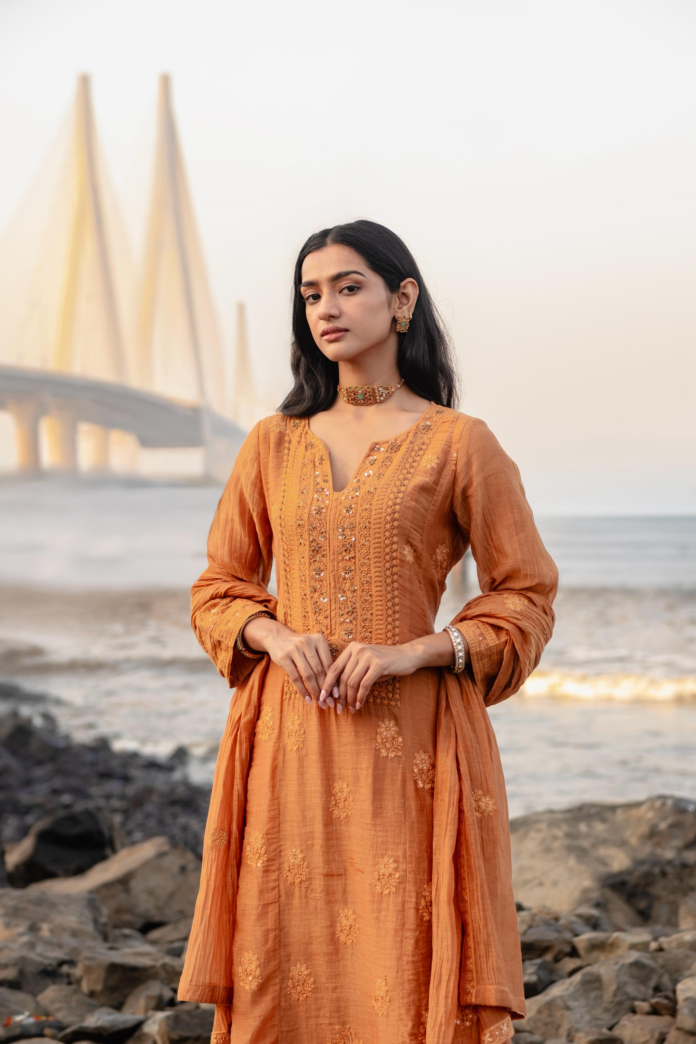 Ochre Yellow Chikankari A-Line Mul Chanderi Suit Set | HER-626