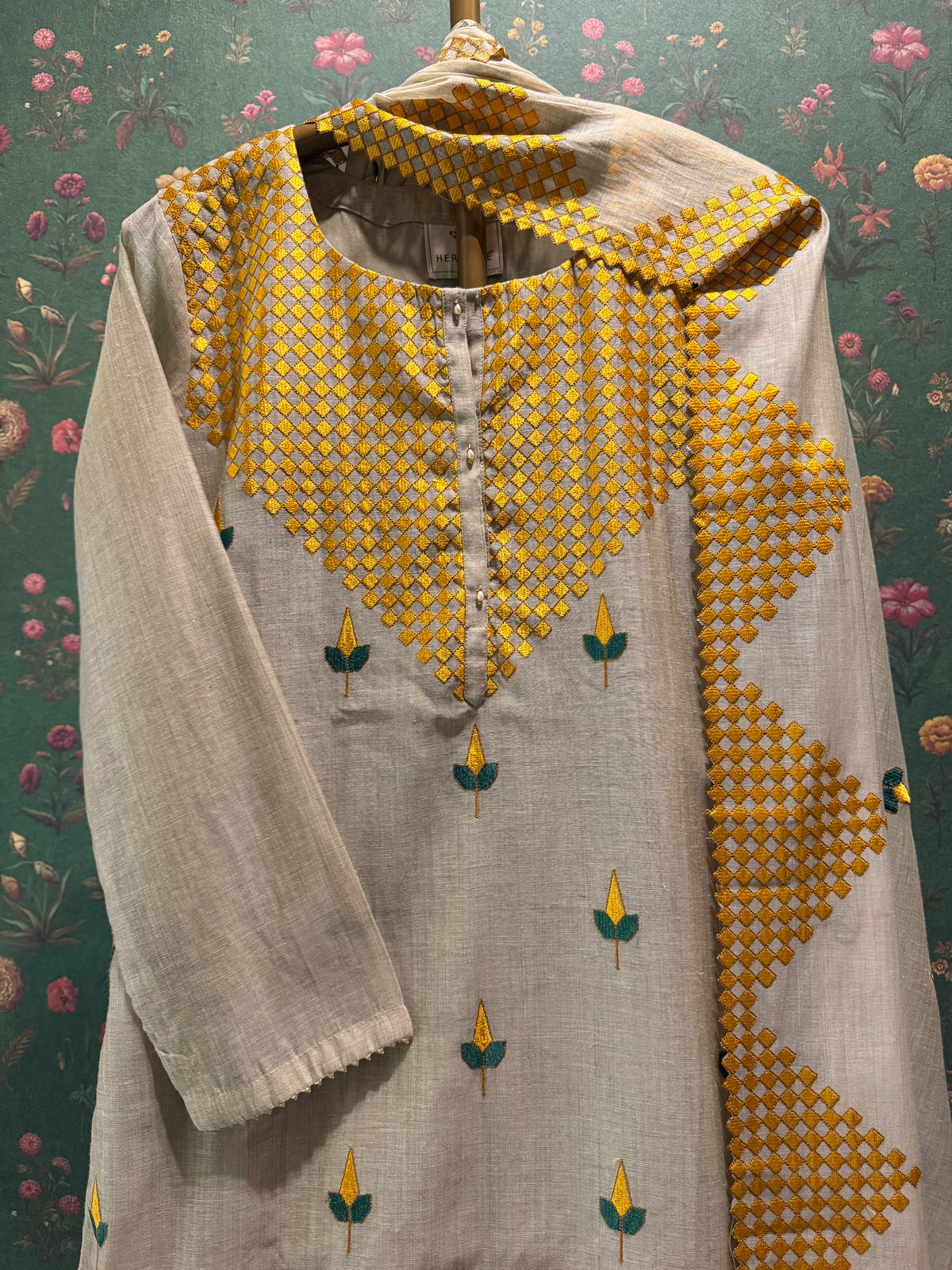 Ivory Beige and Mustard Yellow Embroidered Pure Chanderi Suit Set