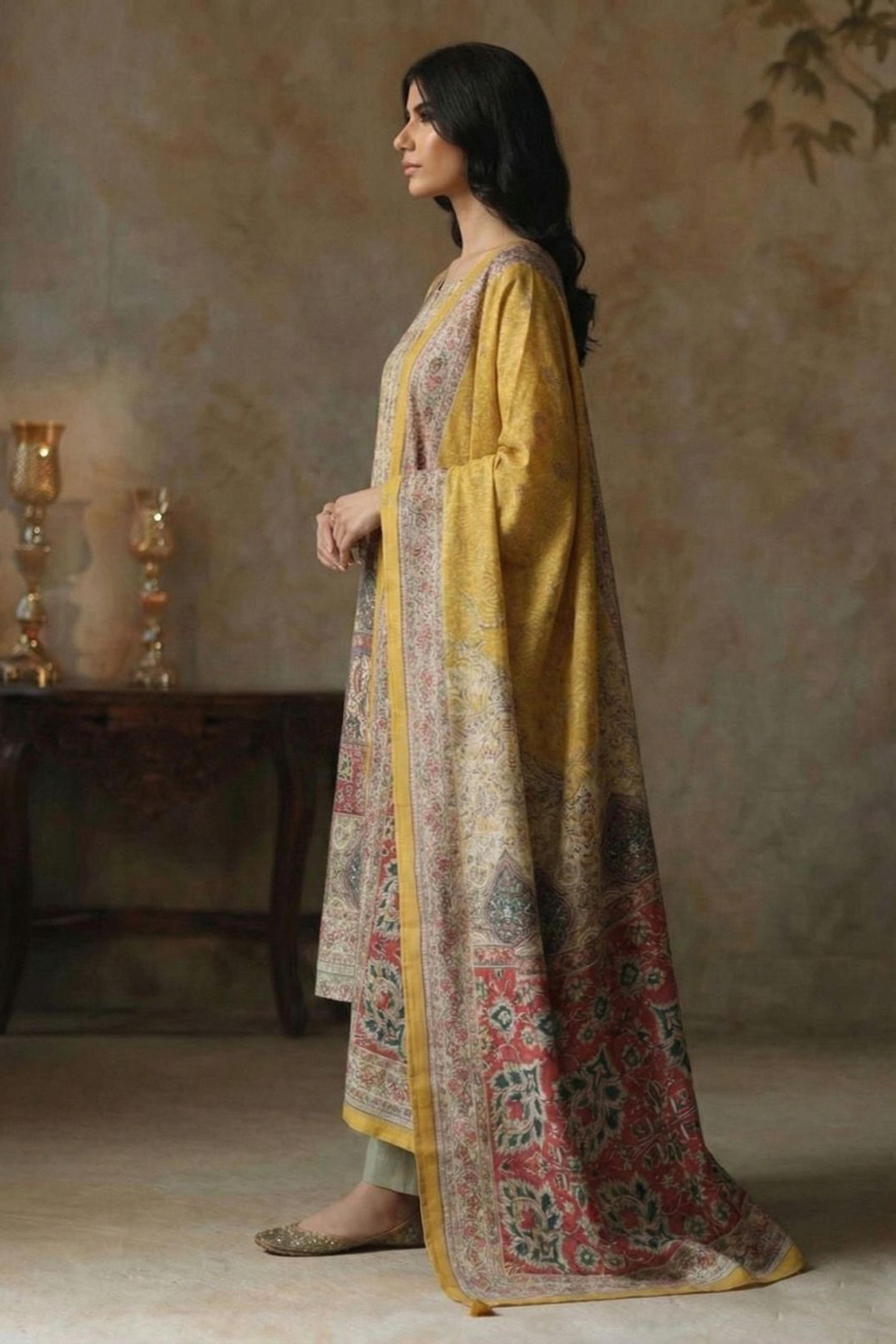 Mustard & Taupe Mughal Print Embellished Suit Set | HER-571