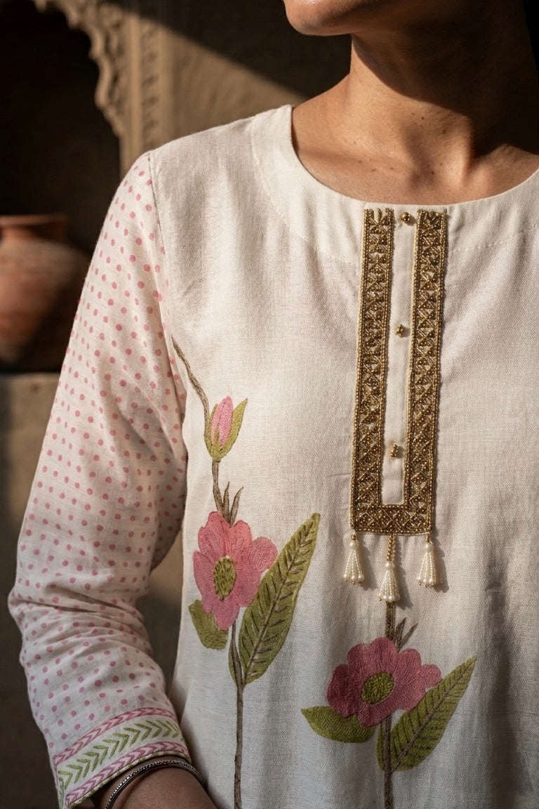 Ivory Floral Pure Chanderi Suit Set