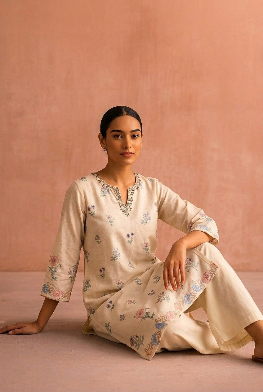 Ivory Meadow Embroidered Cotton Kurta Set | HER-667