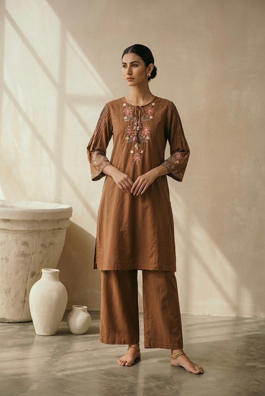 Caramel Brown Embroidered A-Line Kurta Set | HER-723