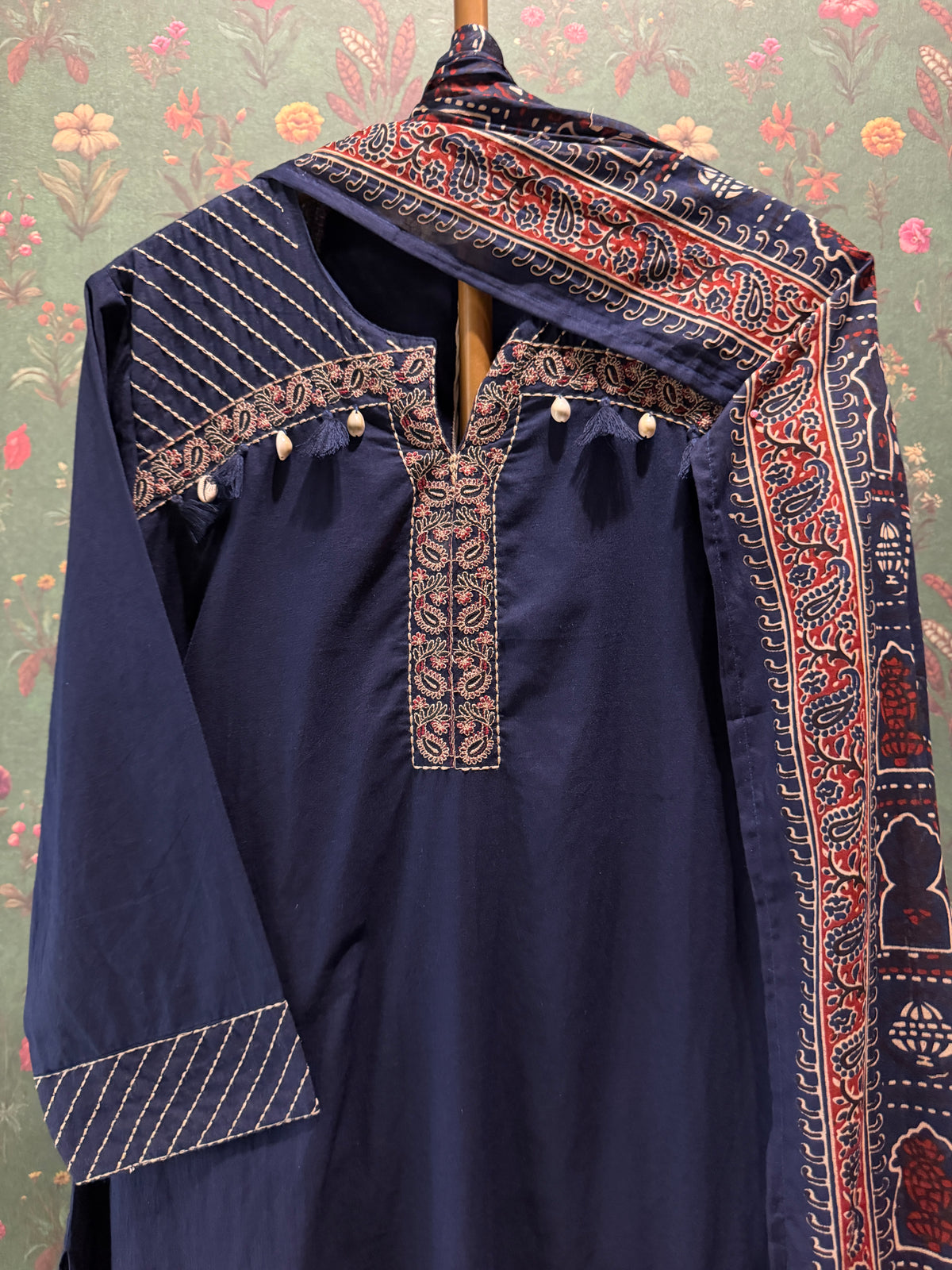 Navy Blue Embroidered Pure Cotton Suit Set