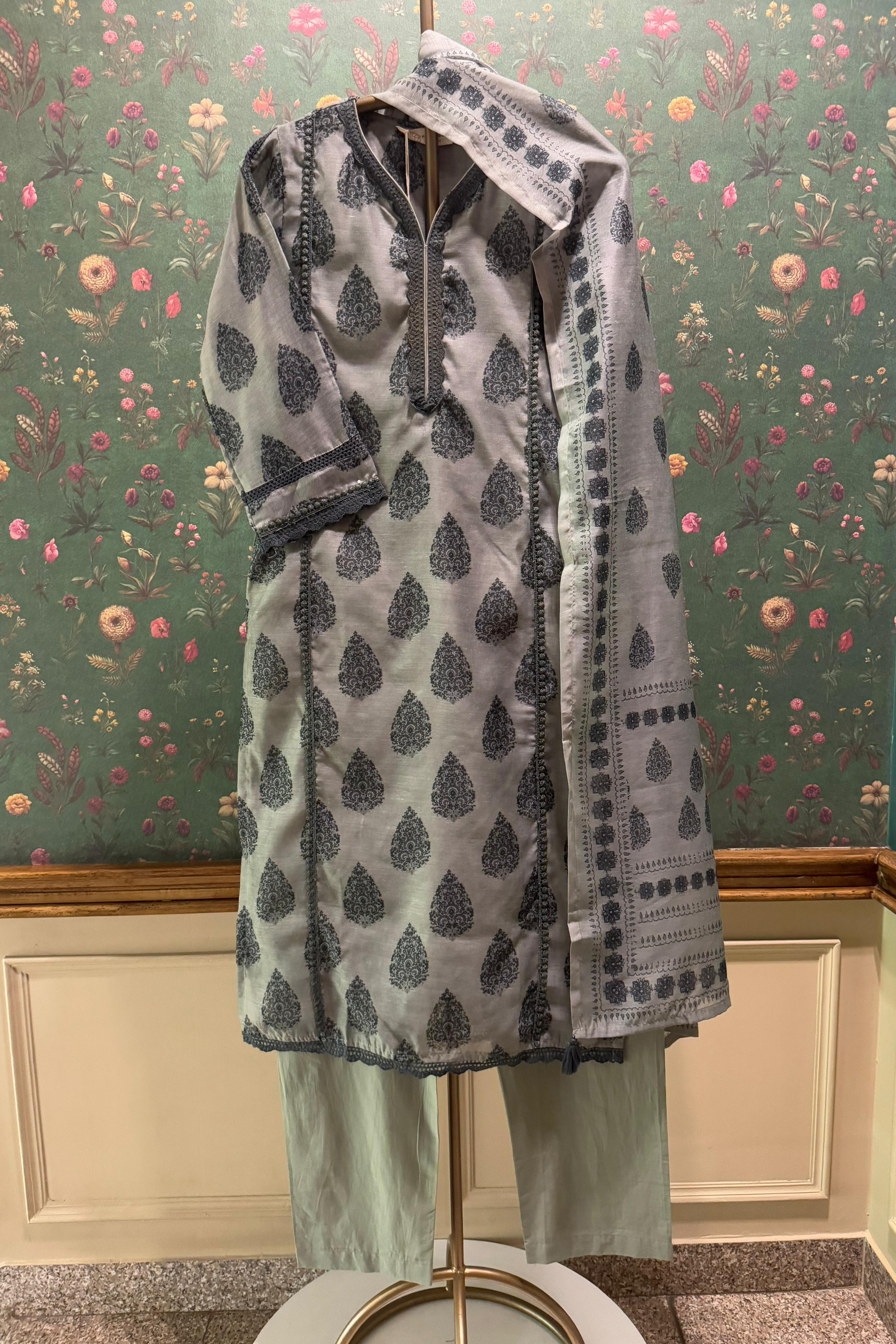 Tehzeeb Charcoal Sage Green Chanderi Suit Set | HER-411