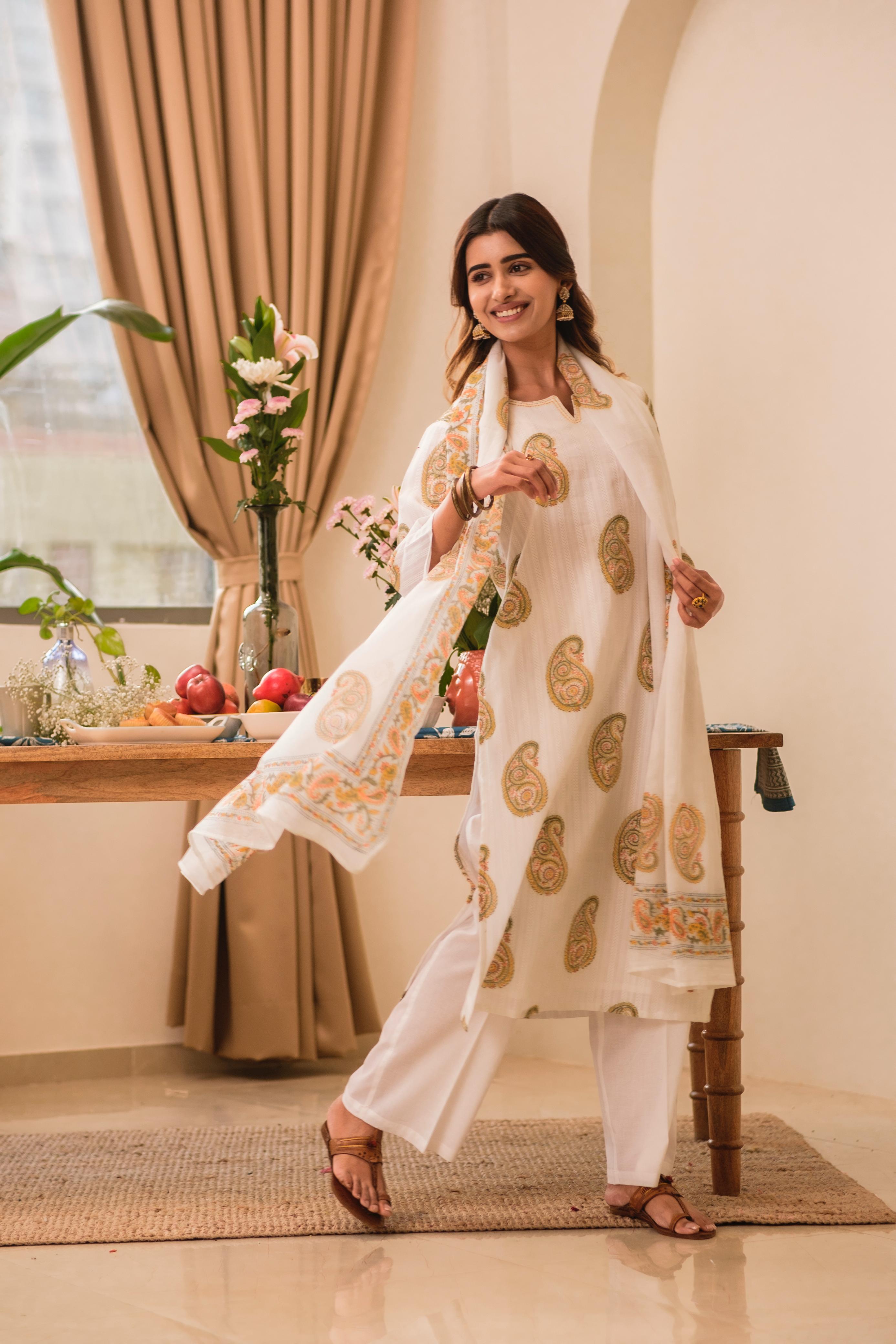 White Paisley Handblock Cotton Suit Set | HER-535