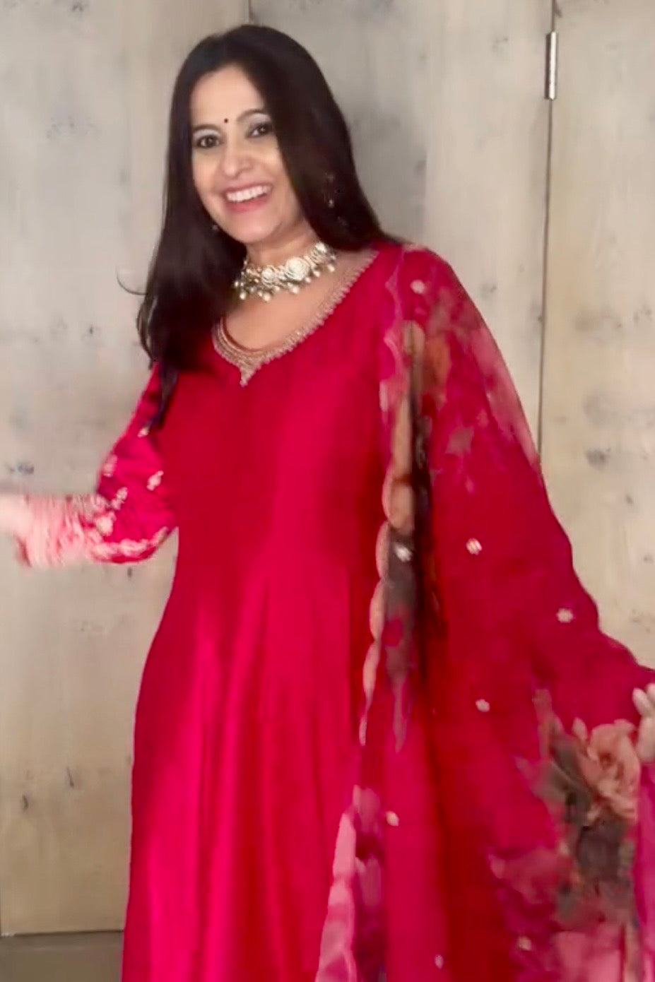 Ruhani Fuchsia Pink Satin Silk Anarkali Suit Set with Floral Organza Dupatta | HER-560