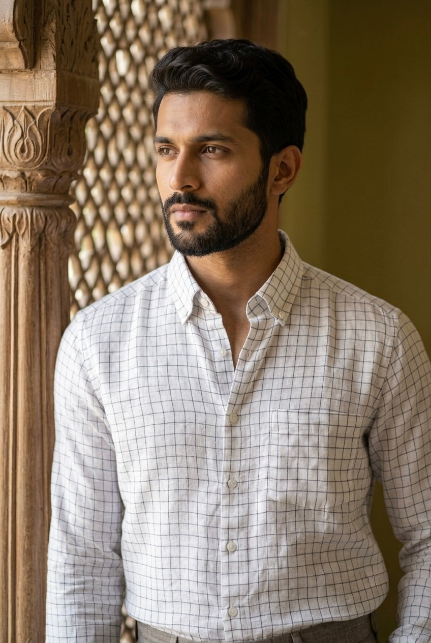Men’s Ivory Grey Windowpane Check Pure Linen Full Sleeves Shirt