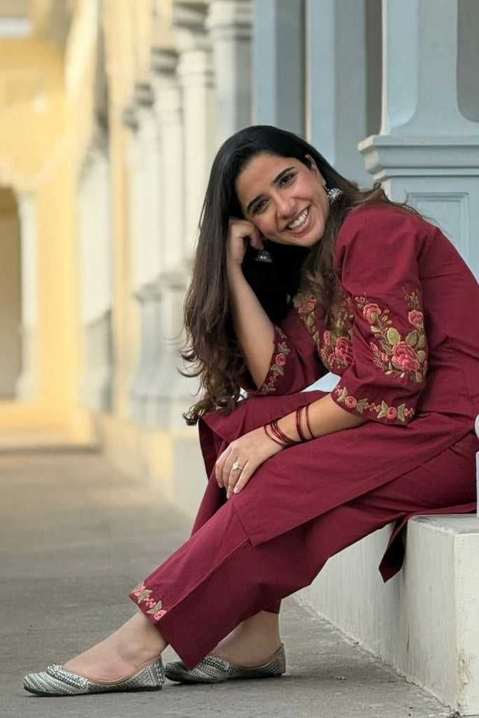Berry Red Embroidered Kurta Set | HER-721