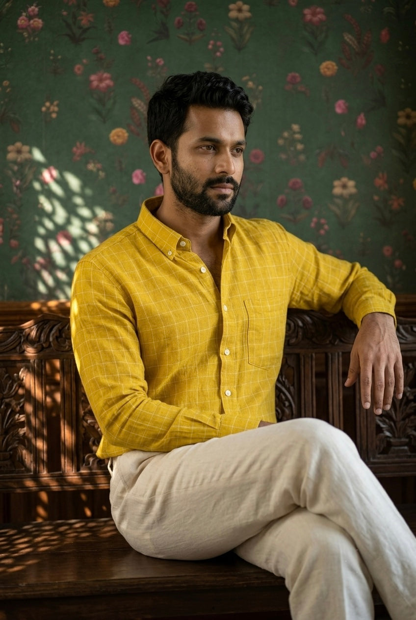 Mustard Yellow Check Men’s Pure Linen Full Sleeves Shirt