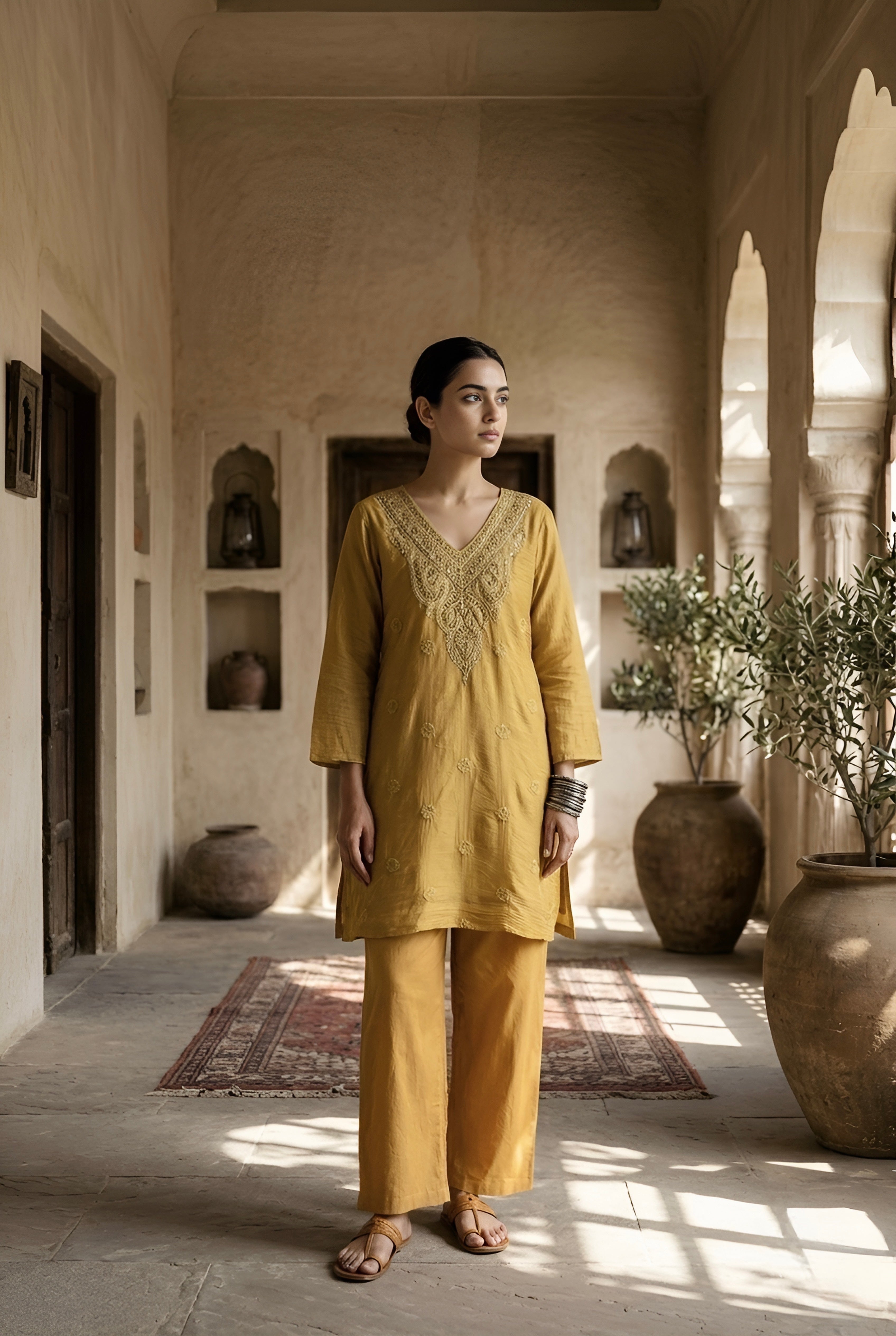 Mustard Yellow Mul-Chanderi Kurta Set