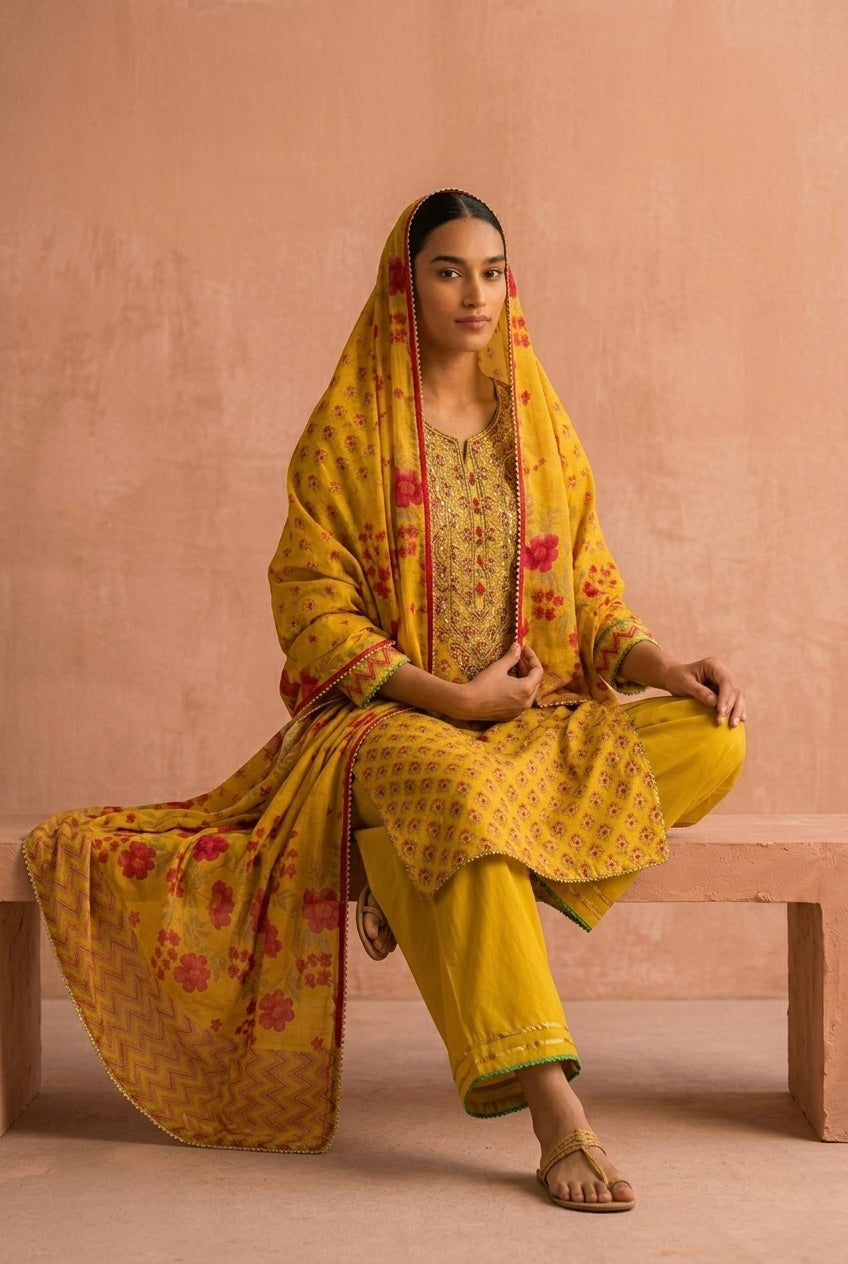 Sunshine Yellow Floral Chanderi Silk Suit Set | HER-636
