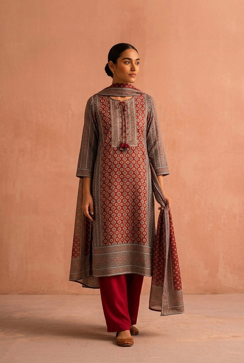 Rust Ajrakh Pure Crepe Suit Set | HER-634 x Navjeet Kaur