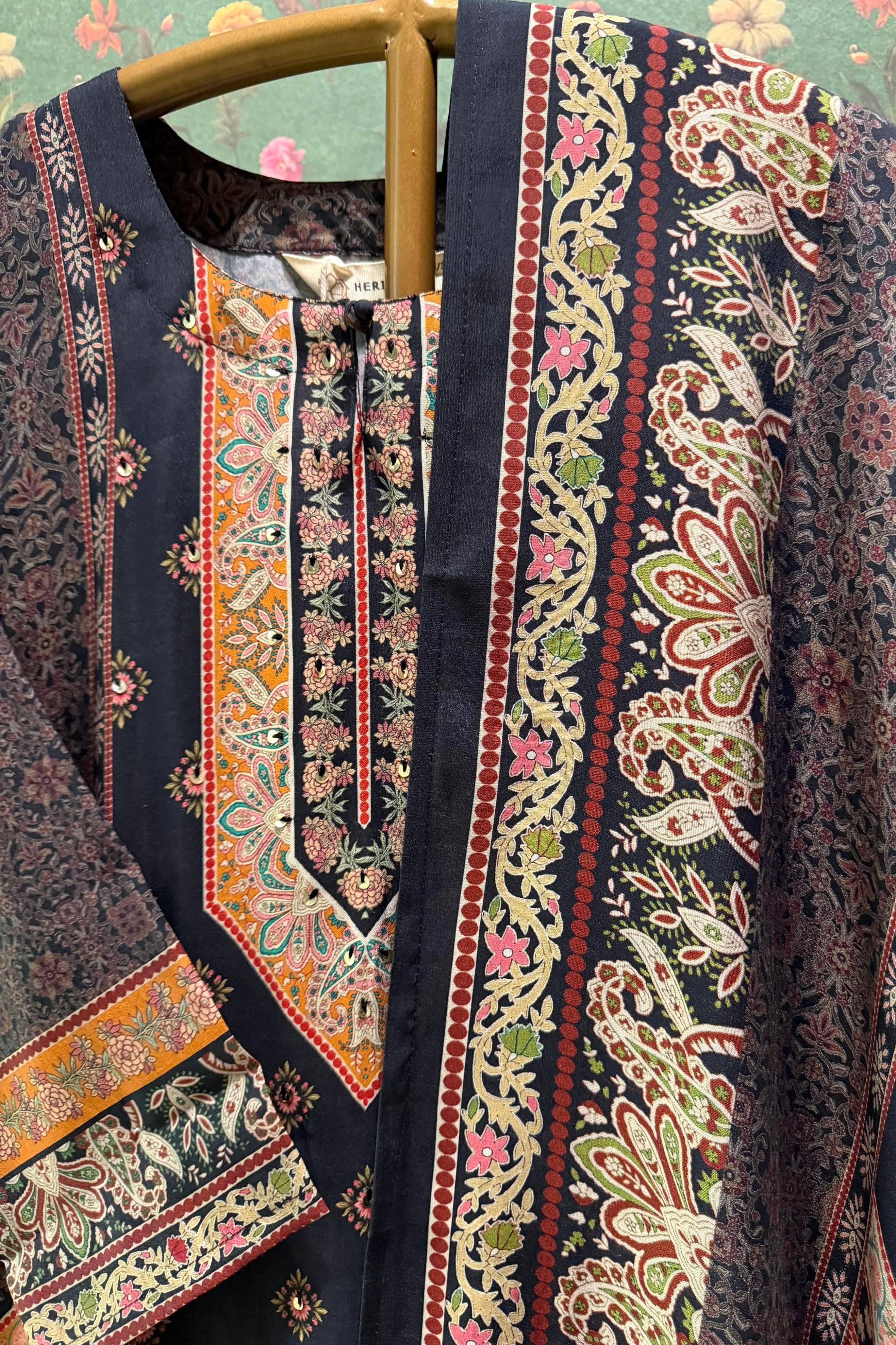 Black Kashmiri Mosaic Printed Suit Set | HER-570