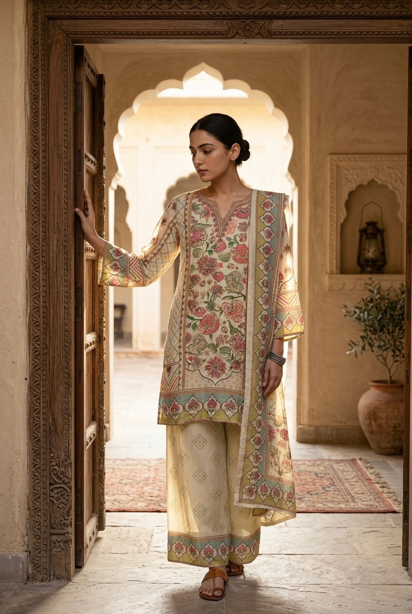 Ecru/Beige Crushed Tissue Floral Suit Set | HER-776