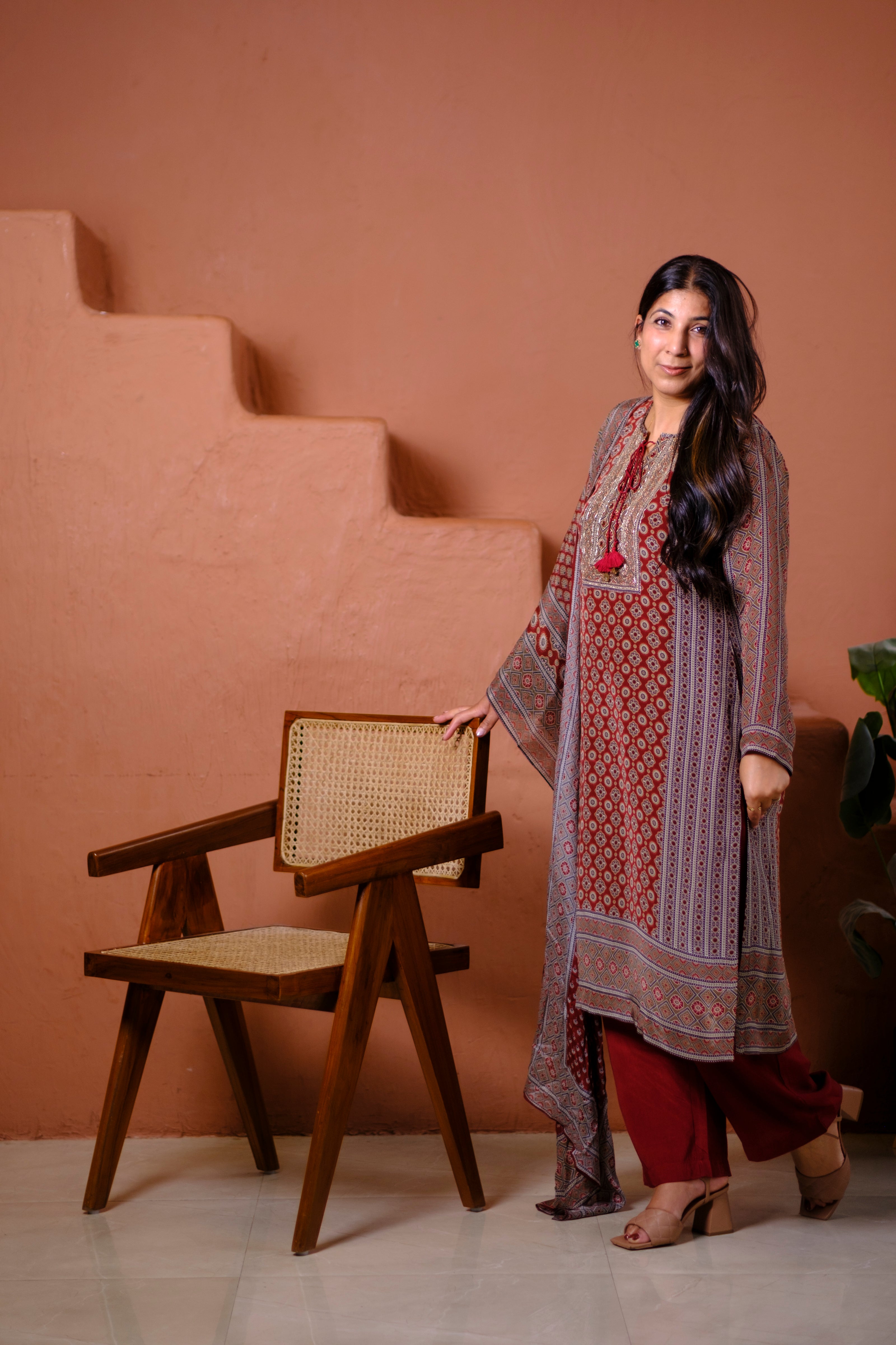 Rust Ajrakh Pure Crepe Suit Set | HER-634 x Navjeet Kaur