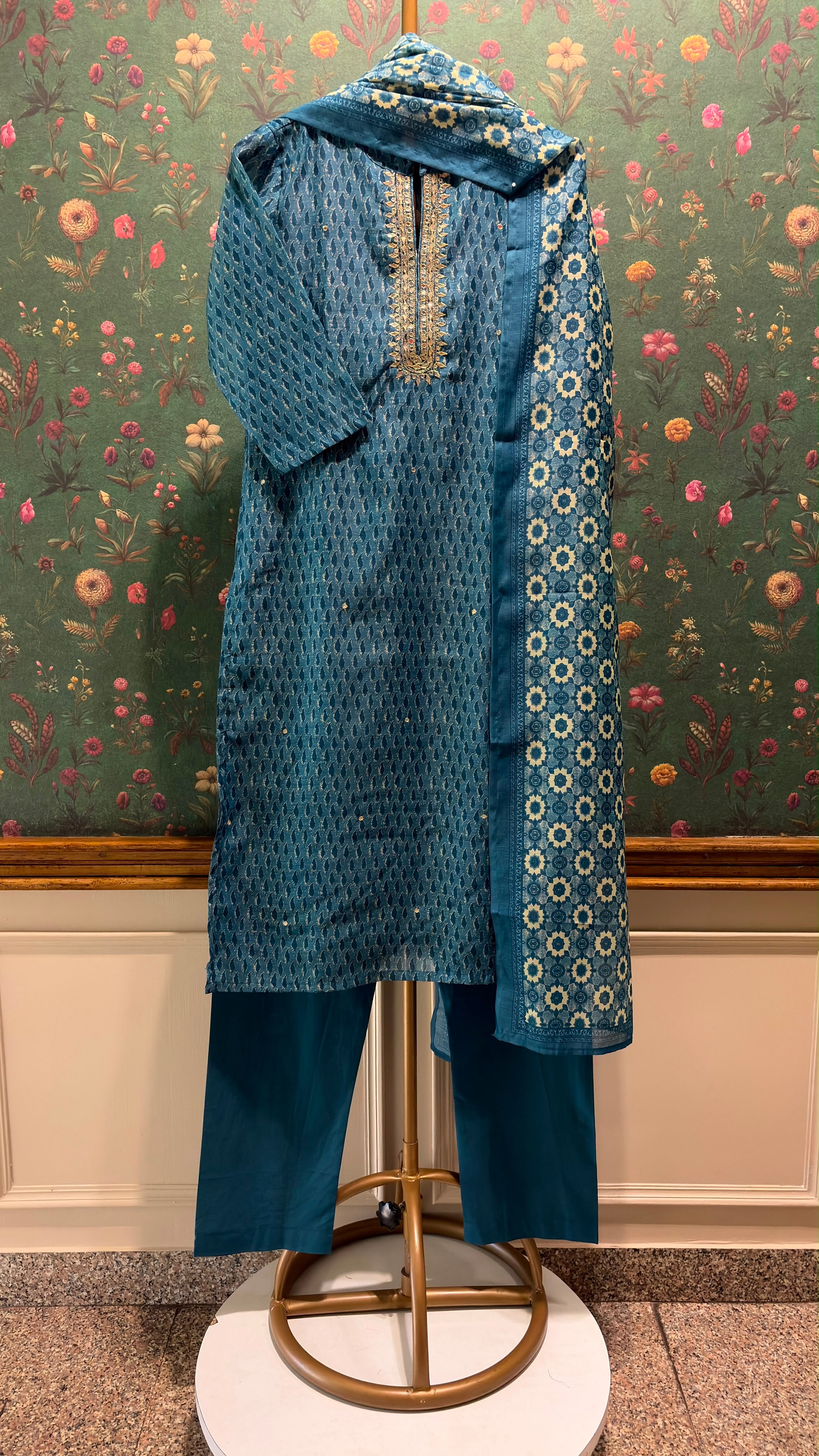 Teal Blue Printed Chanderi Suit Set with Zari | HER-397