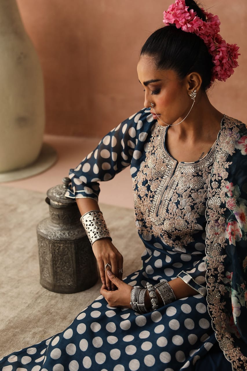 Blue Polka Chanderi Kurta Set | HER-253