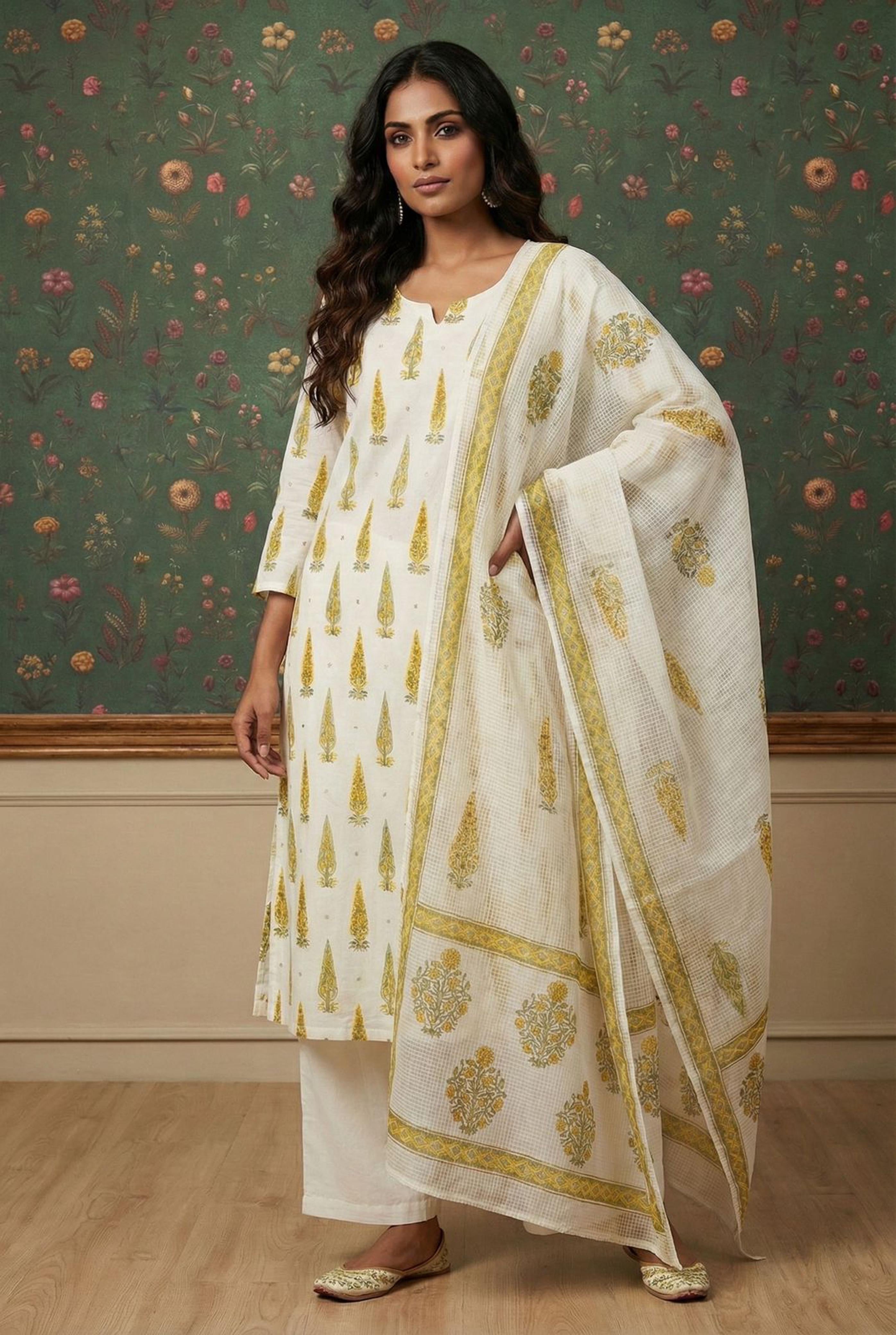 Dusty Yellow Floral Suit Set, with Kota Doria Dupatta | HER-519