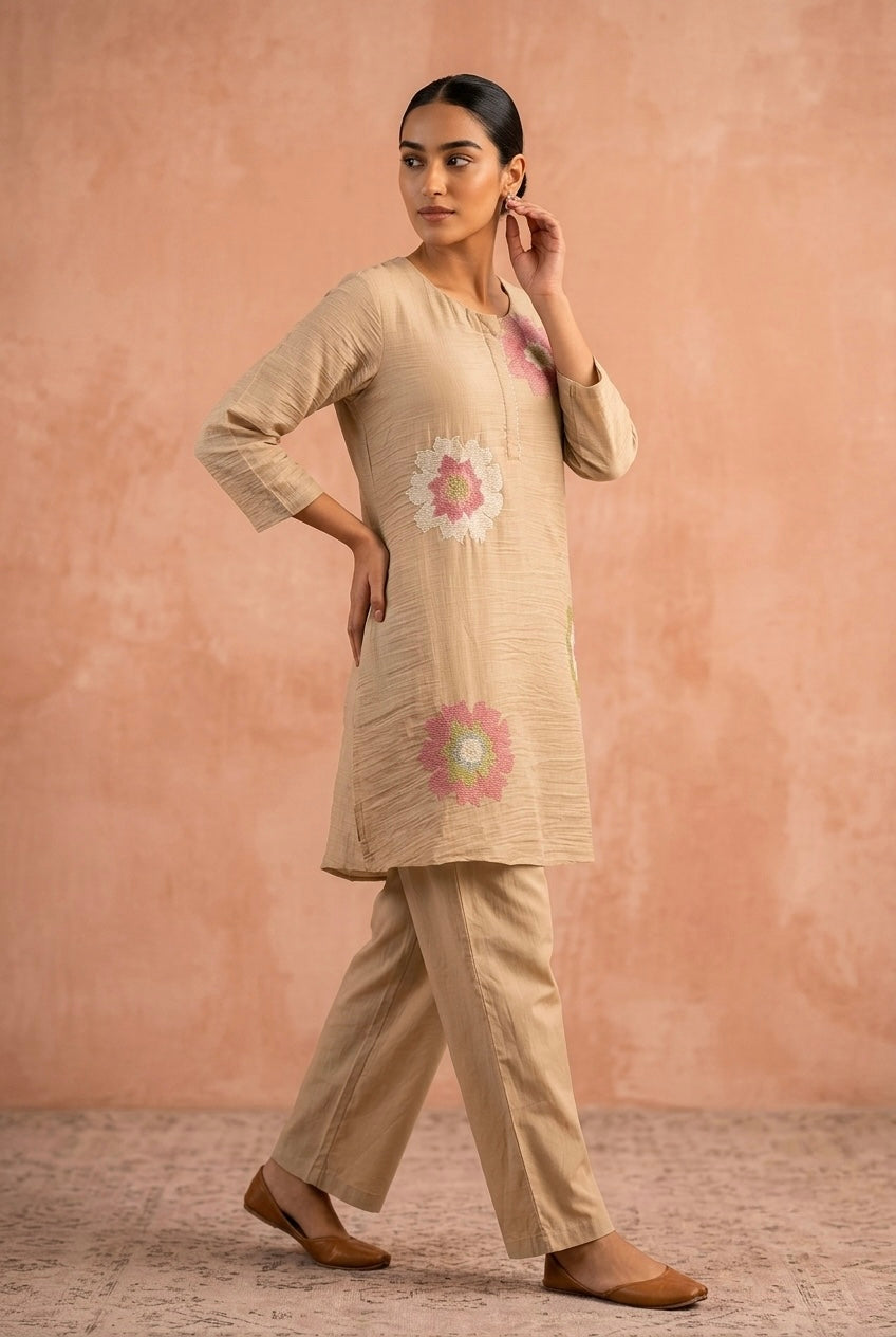 Blush Meadow Handcrafted Co-ord Set, Soft Beige | HER-623