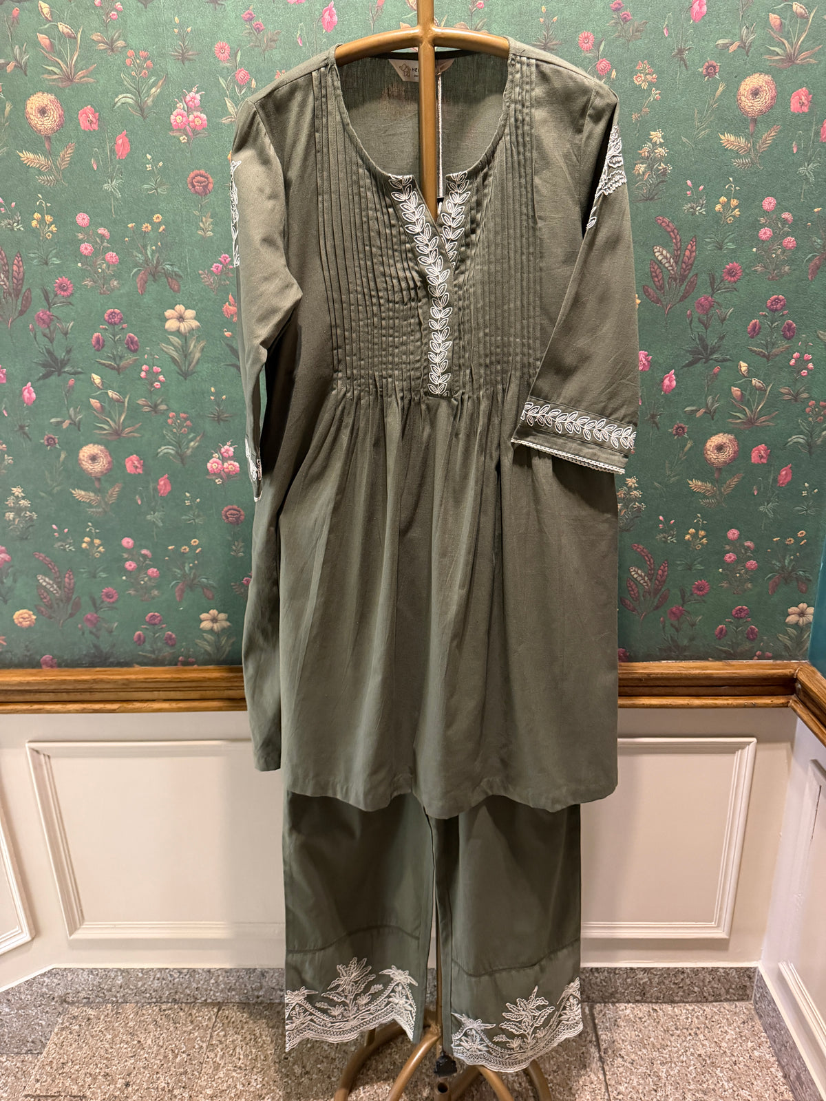Olive Green Pleated Embroidered Kurta Set