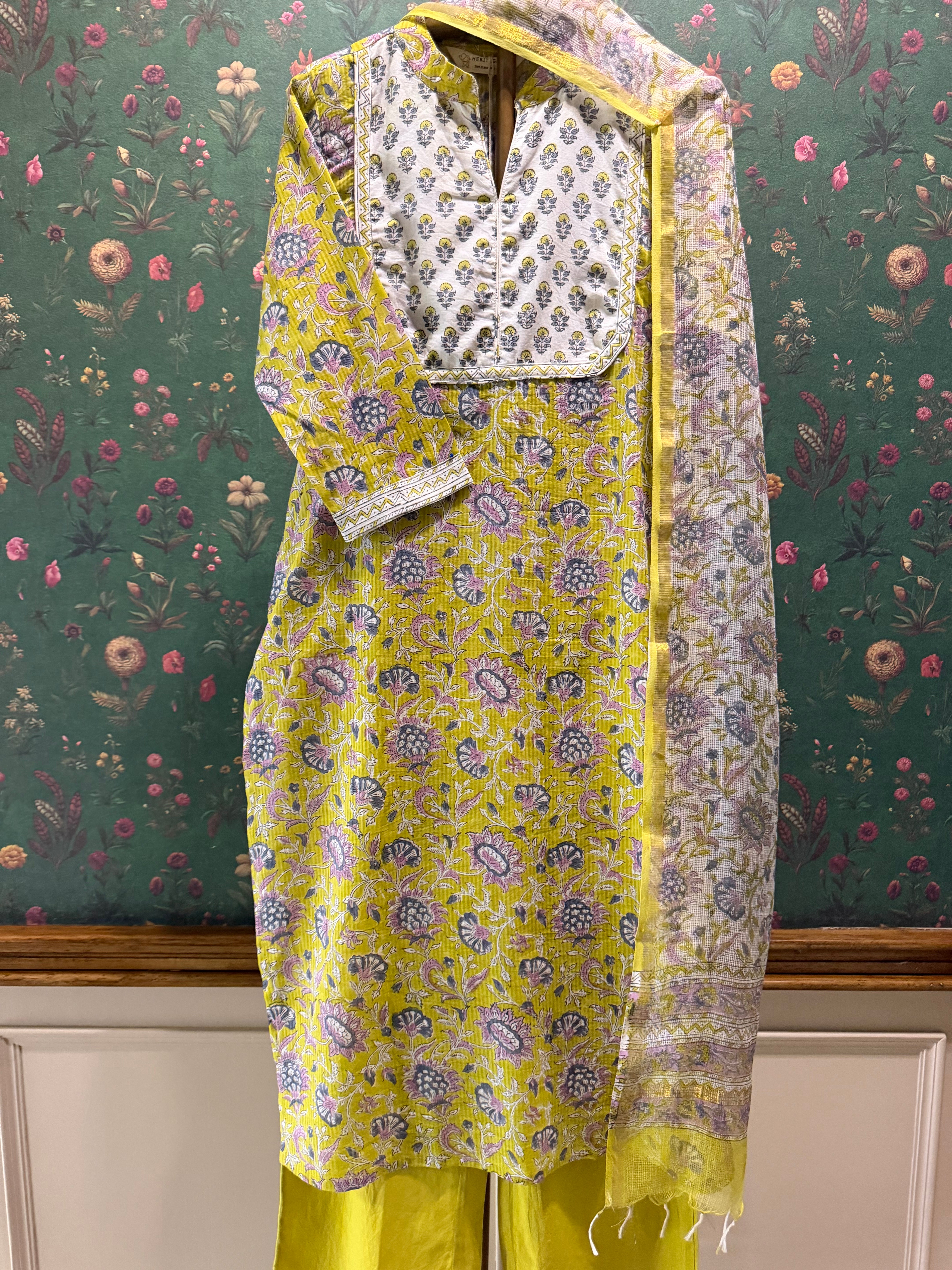 Lime Yellow Floral Printed Suit Set, with Kota Doria Dupatta | HER-752