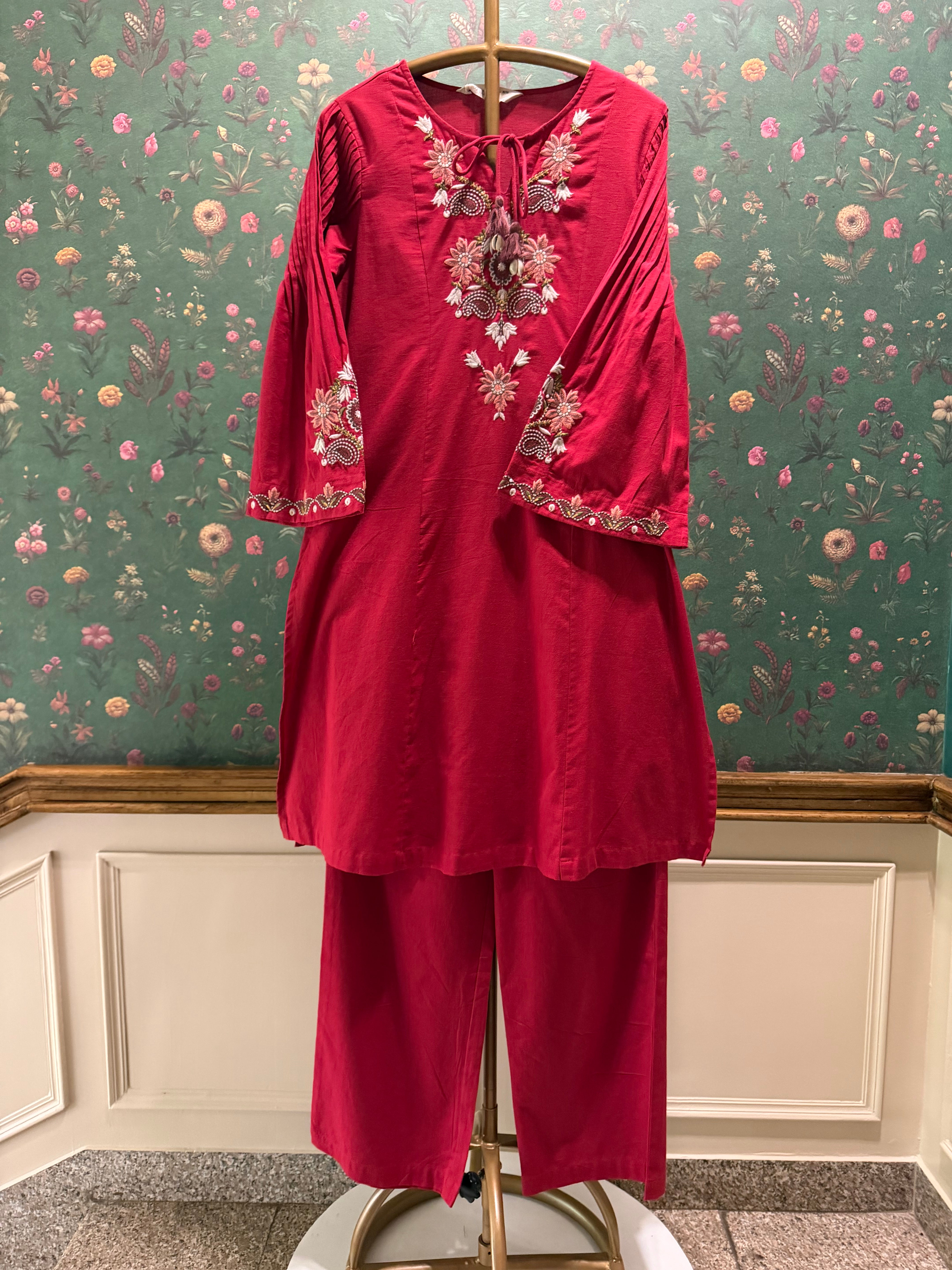 Raspberry Red Embroidered A-Line Kurta Set | HER-723