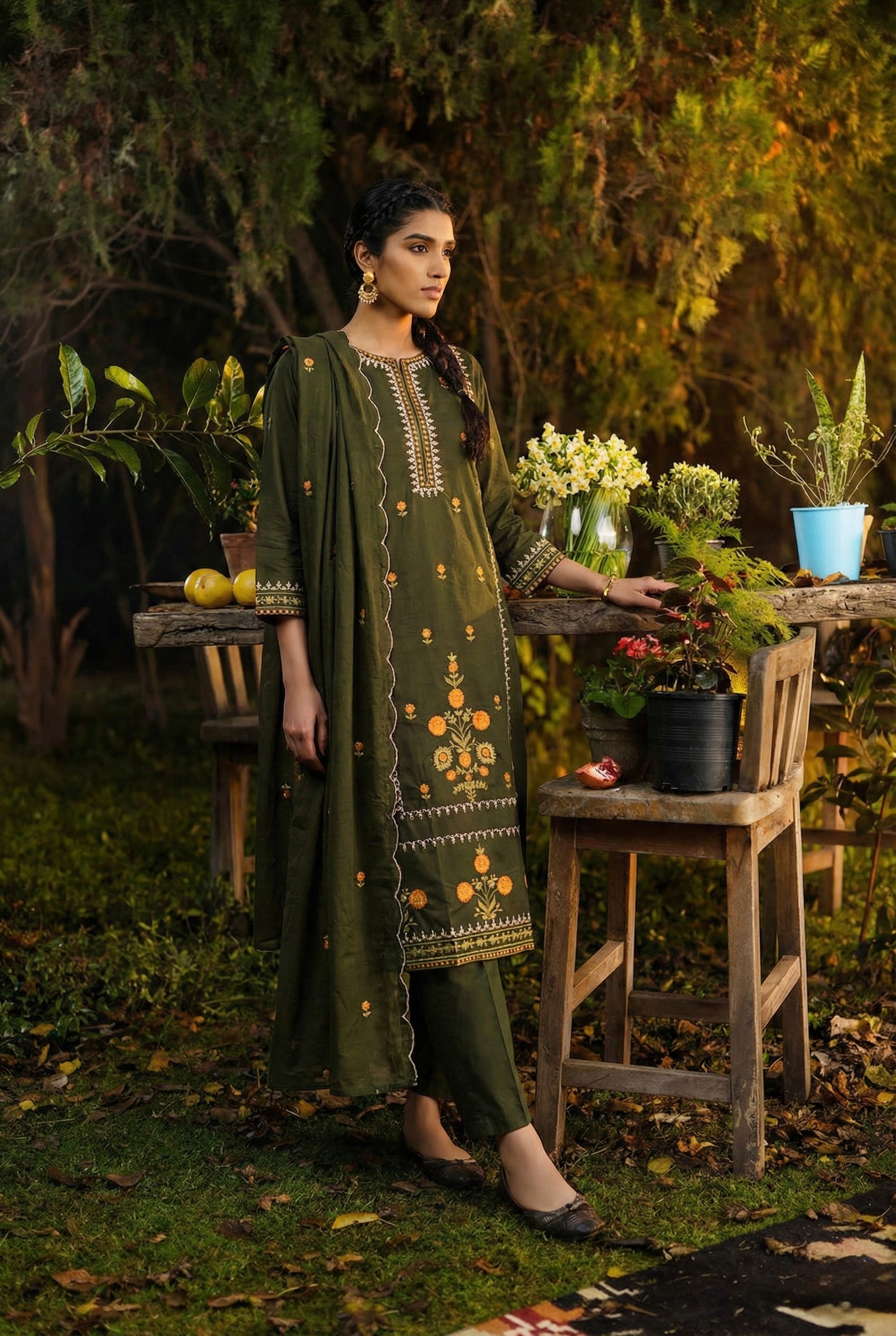 Gulbahaar Zariya Moss Green Embroidered Suit Set | HER-747