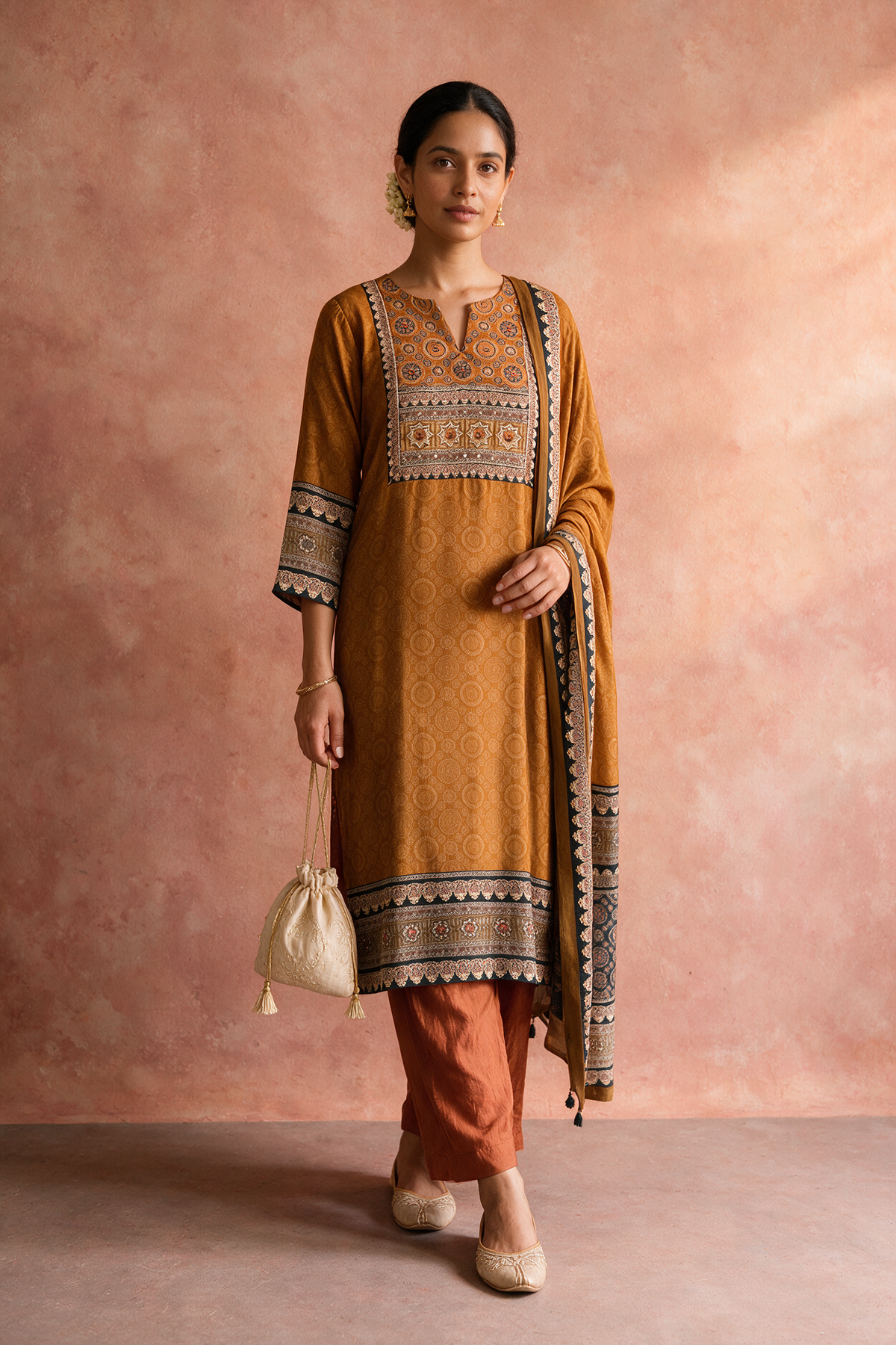 Mustard Brown Printed Muslin Suit Set