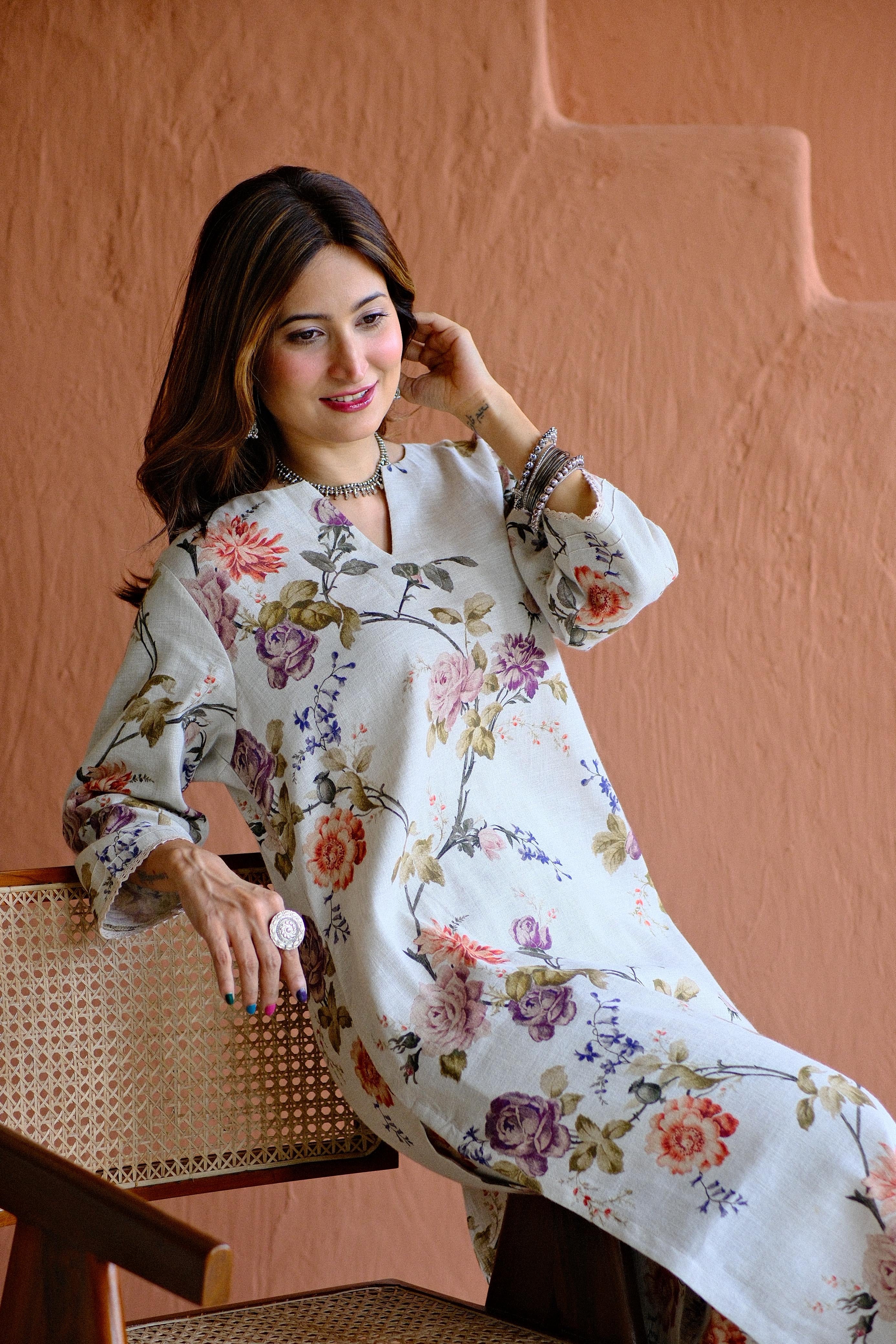 Rosalie Bloom Pure Linen Co-ord/Kurta Set | HER-465