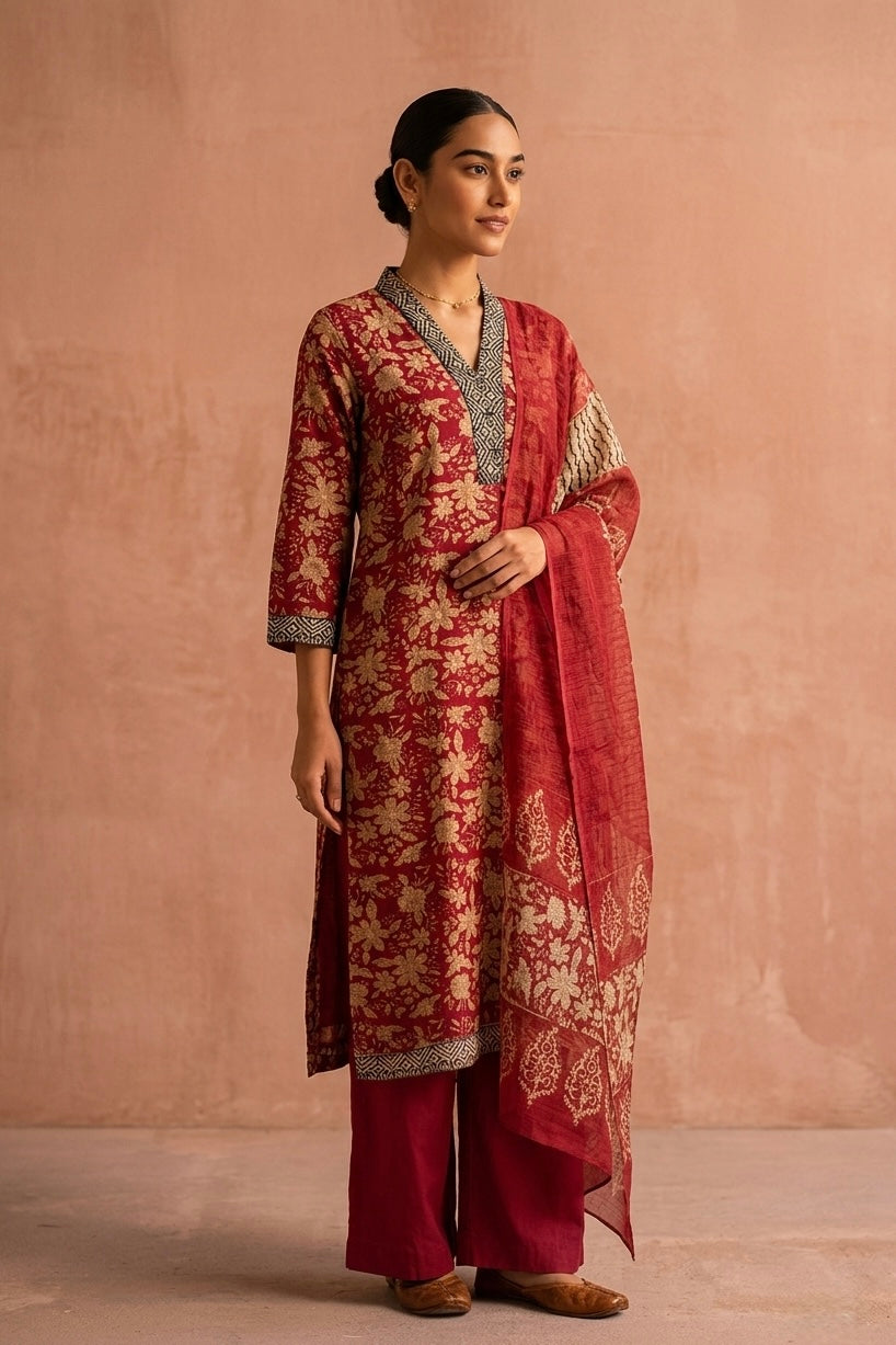 Crimson Red Floral Printed Kota Doria Suit Set, with Kota Doria Dupatta | HER-755