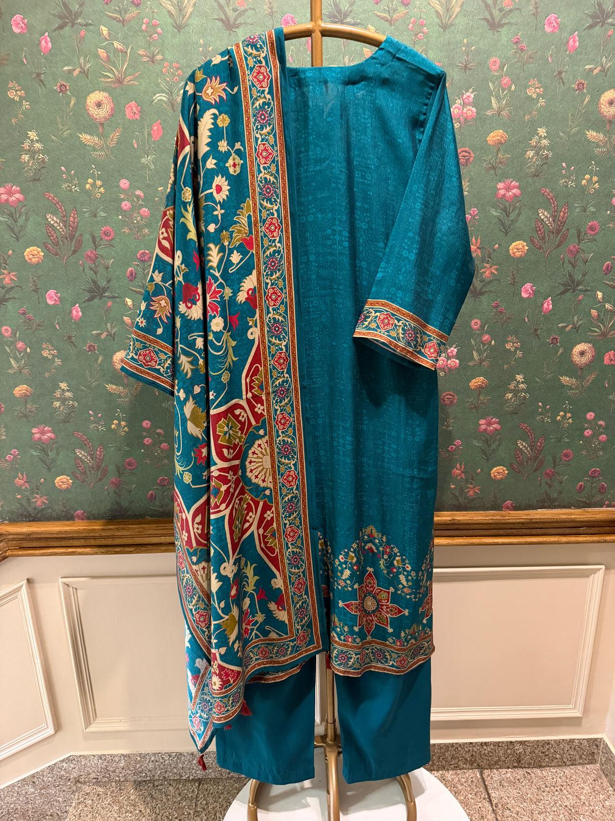 Teal Green Printed Soft Silk Suit Set