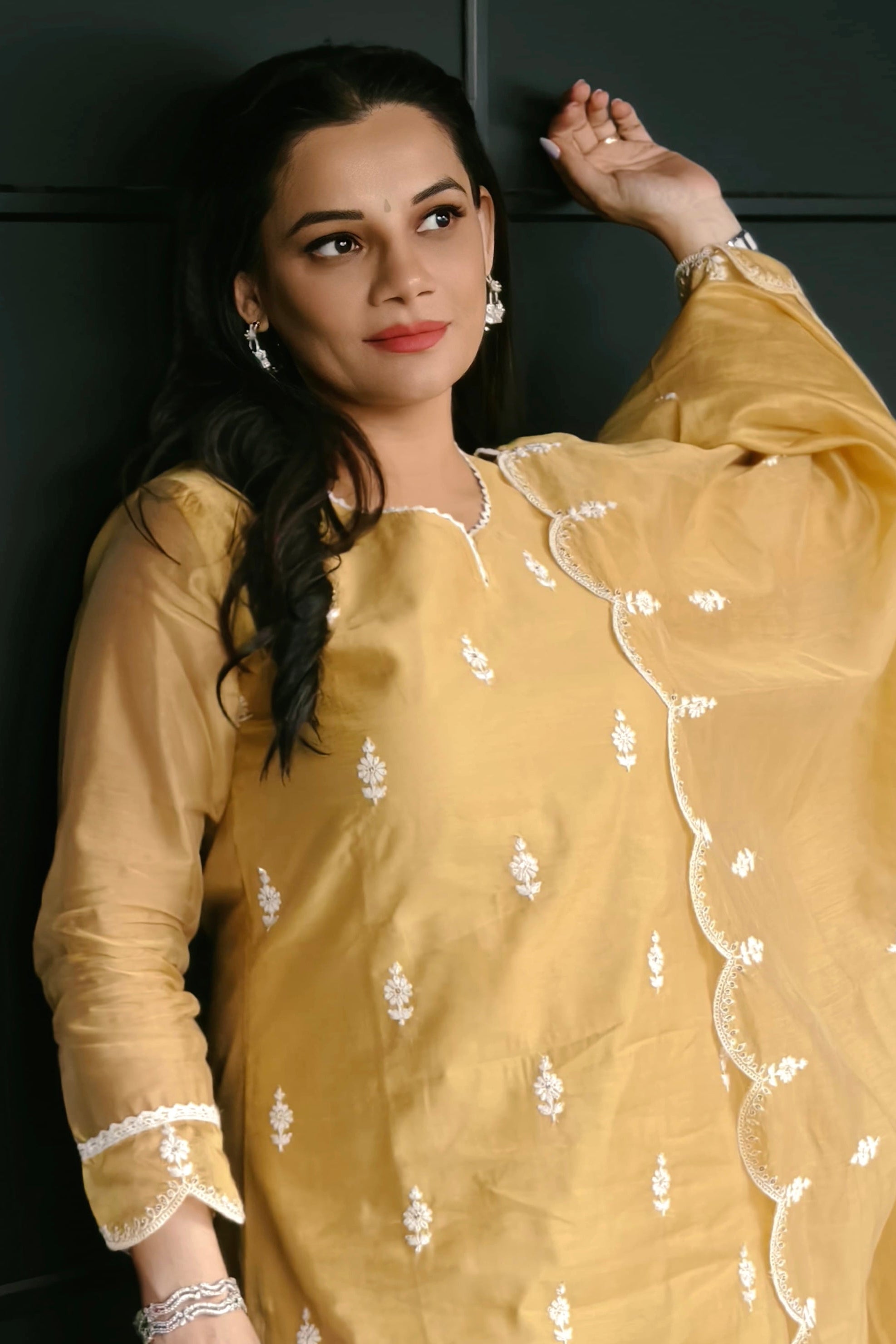 Mustard Yellow Hand-Embroidered Chanderi Suit Set | HER-406