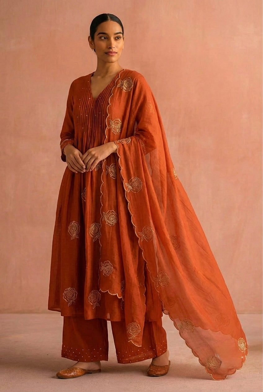 Terracotta Rust Orange, Rose Pintuck Palazzo Set with Scallop Dupatta| HER-587 RUST