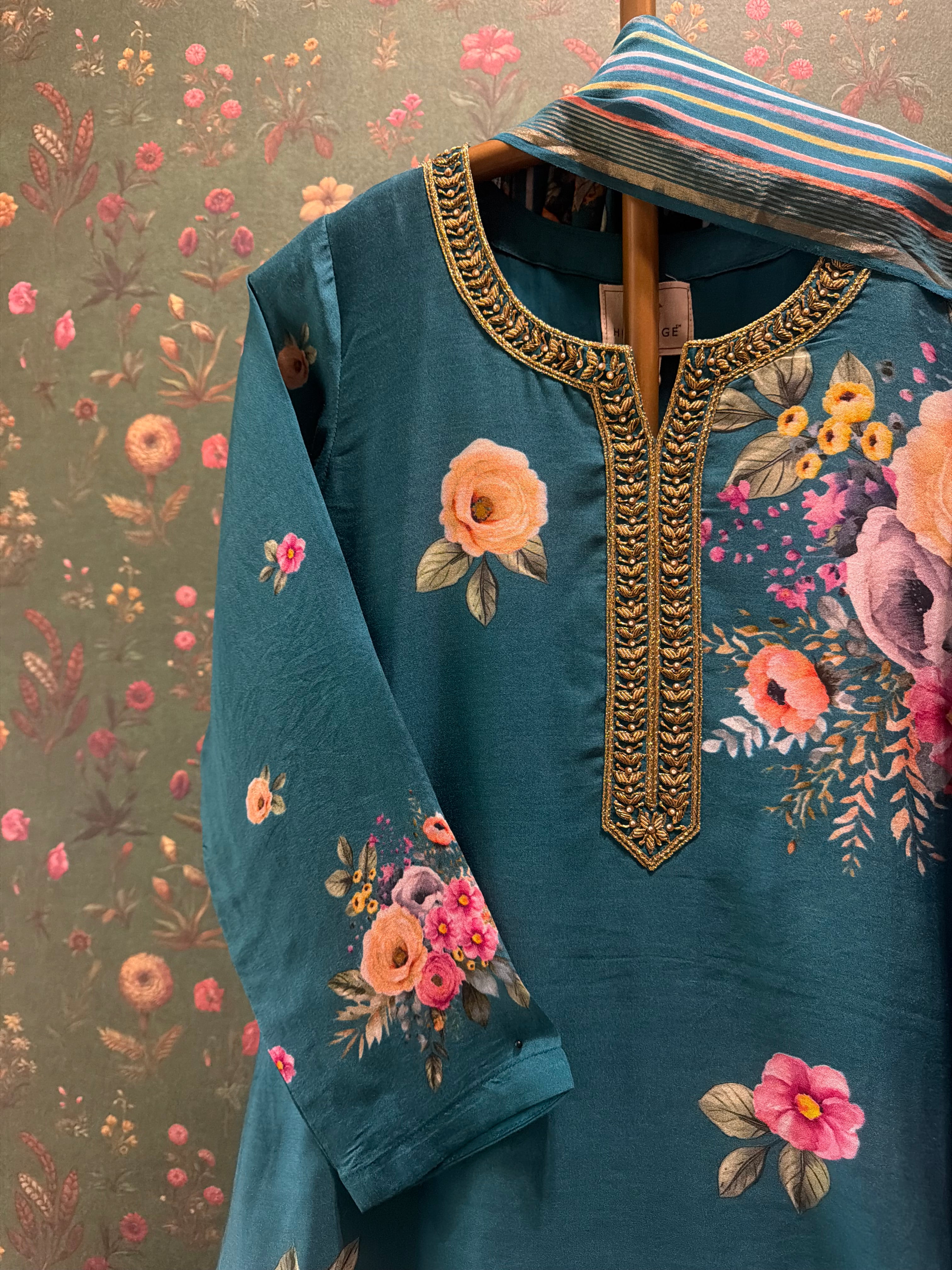 Emerald Teal Blue Floral Chanderi Suit Set x Celina | HER-606