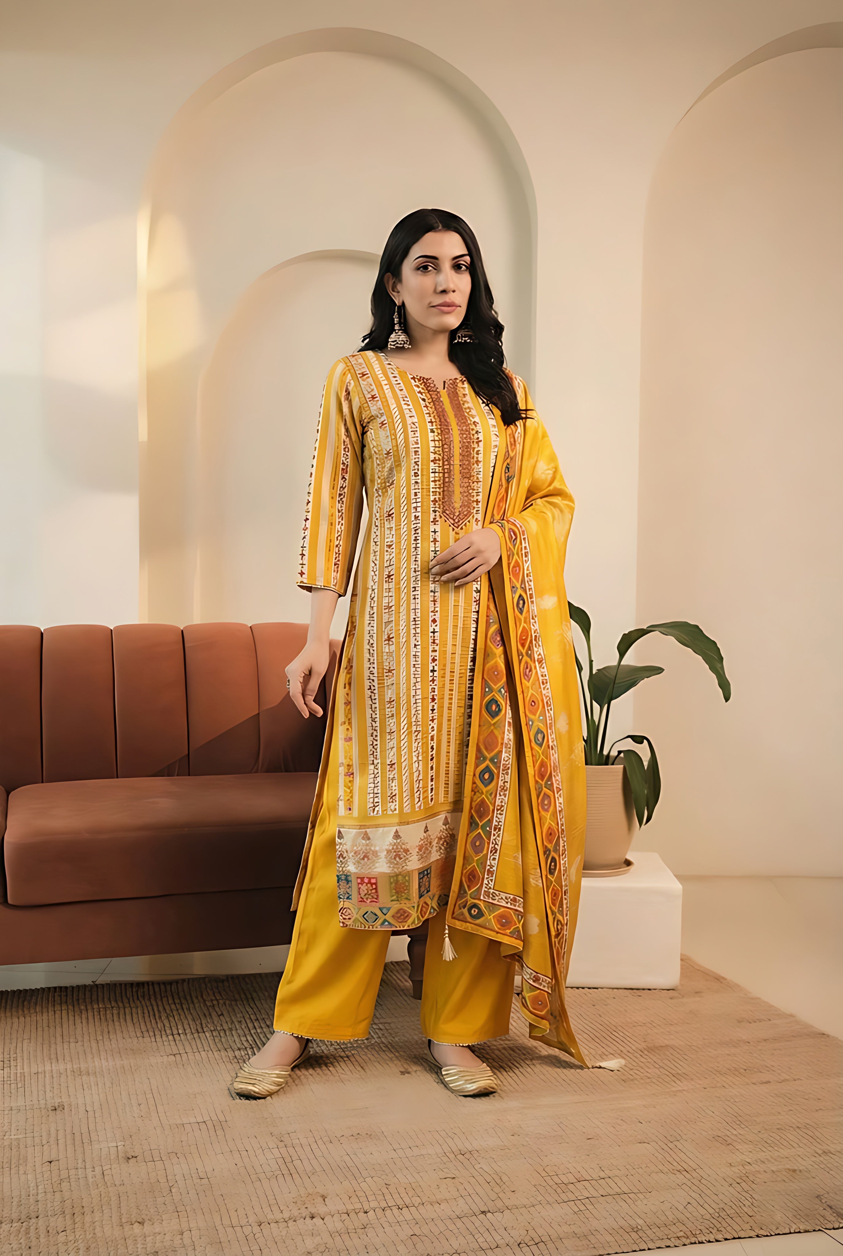 Rangriti Yellow Dola Jacquard Suit Set | HER-549