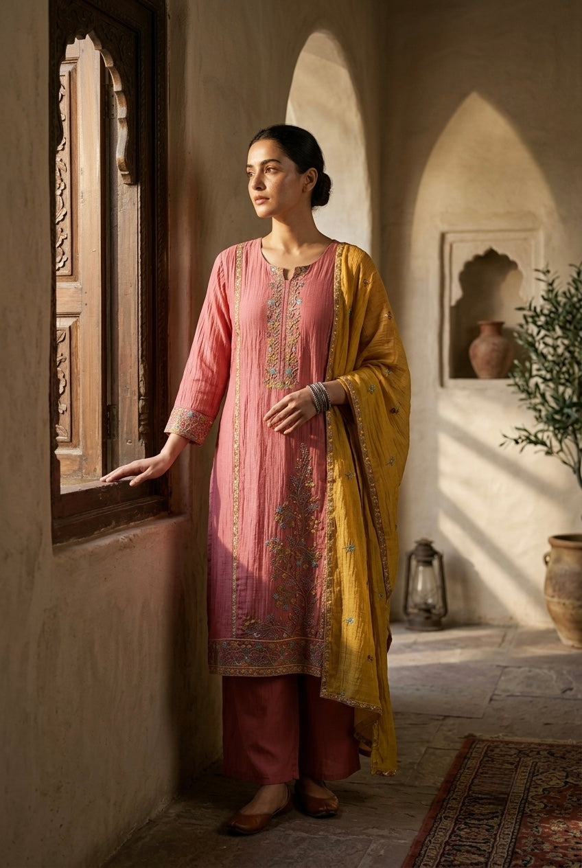 Rose Pink Mul-Chanderi Embroidered Suit Set