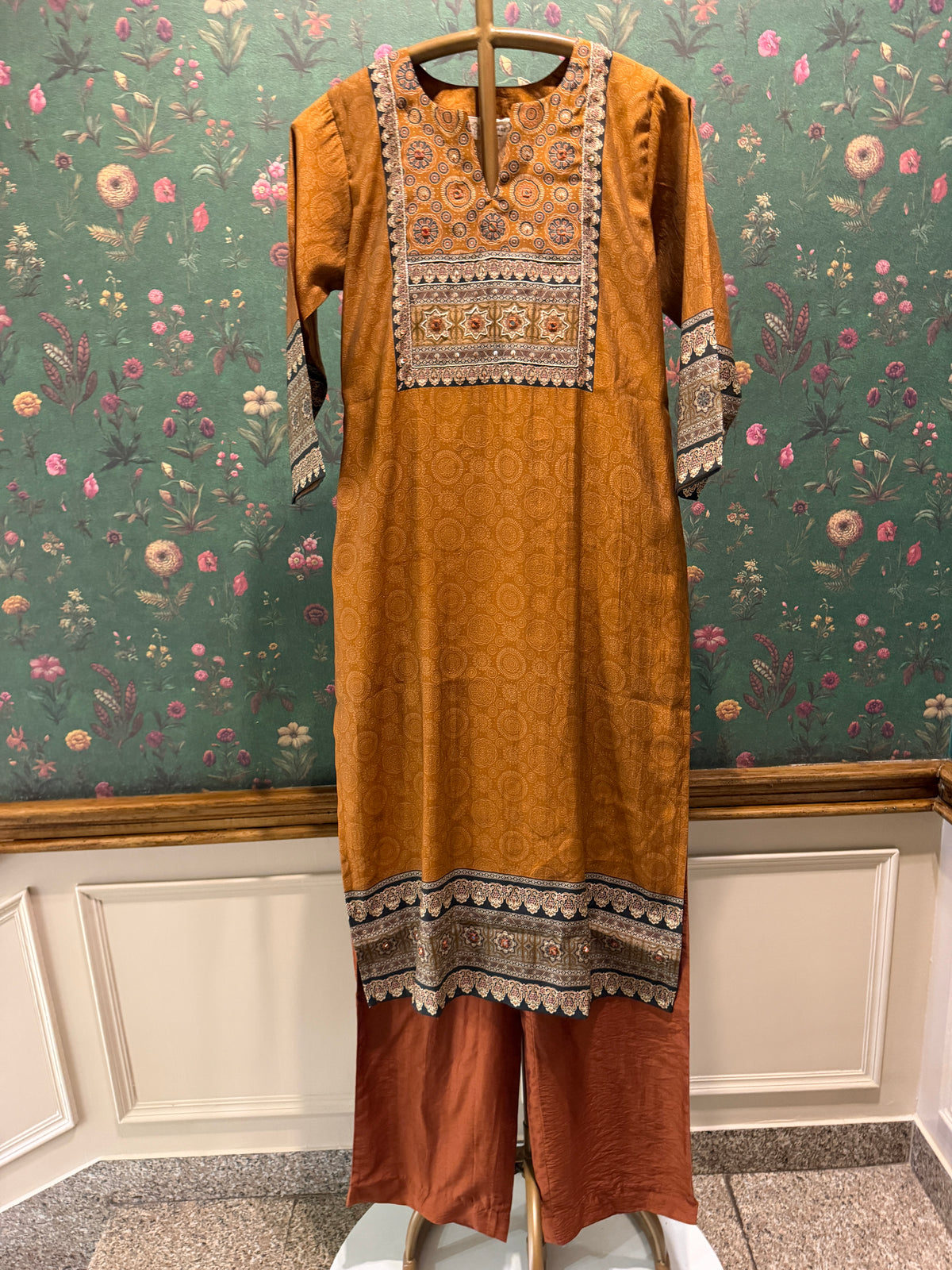 Mustard Brown Printed Muslin Suit Set