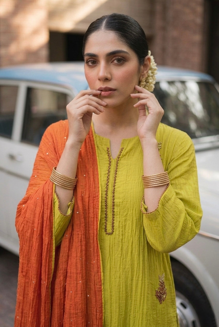 Vanyara Lime Green A-Line Mul Chanderi Suit Set | HER-625