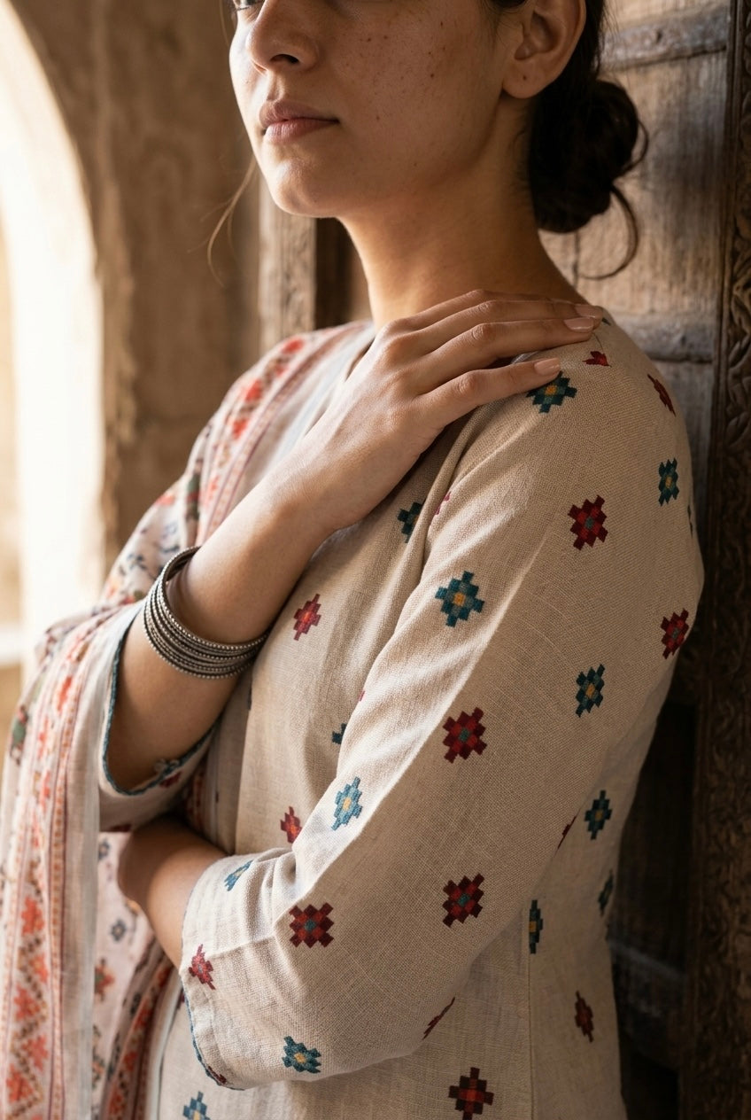 Ivory Linen Printed Suit Set | HER-641